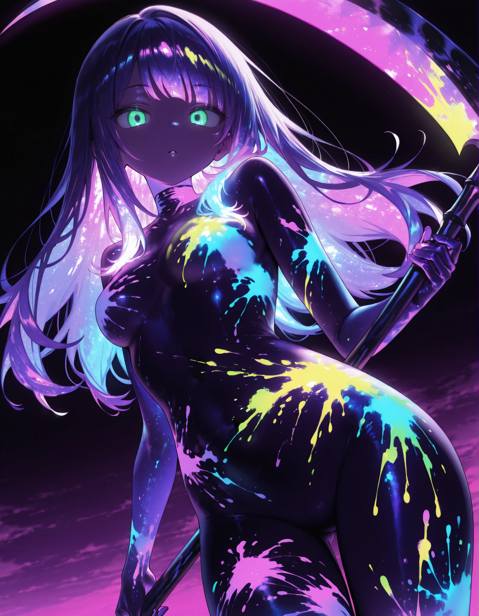 masterpiece, best quality, very aesthetic, 1girl,, solo, red scythe, purple sky,, ultraviolet light, black background, glowing, glowing hair, glowing eyes, bodypaint, multicolored paint