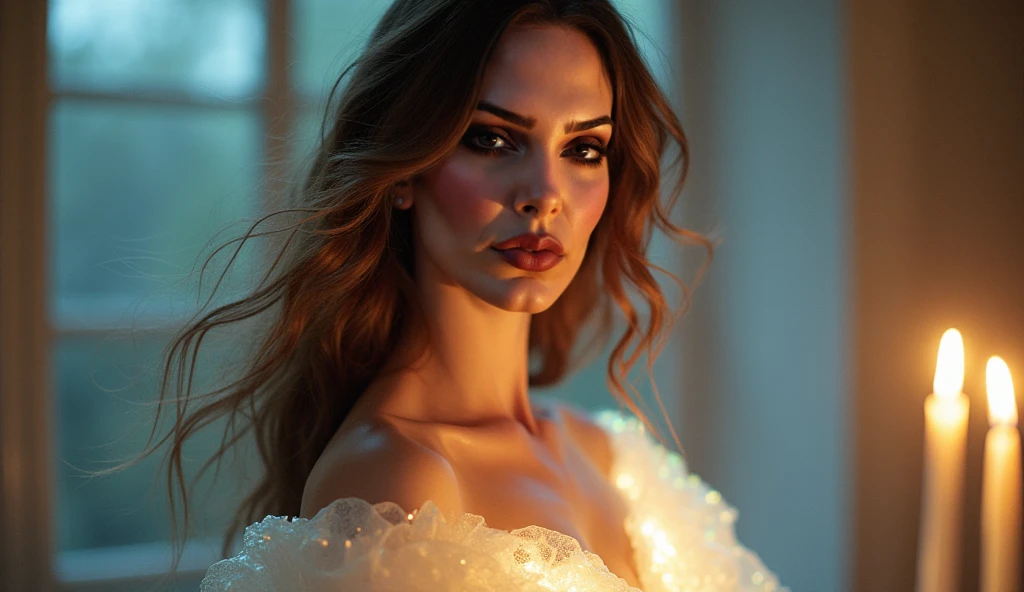 Lucy Pinder, smiling, (Adele),((VERY INTENSE MAKEUP)), bright lipstick, voluptuous, neckline, dressed a bride, ((singing)), ((Asian Woman))