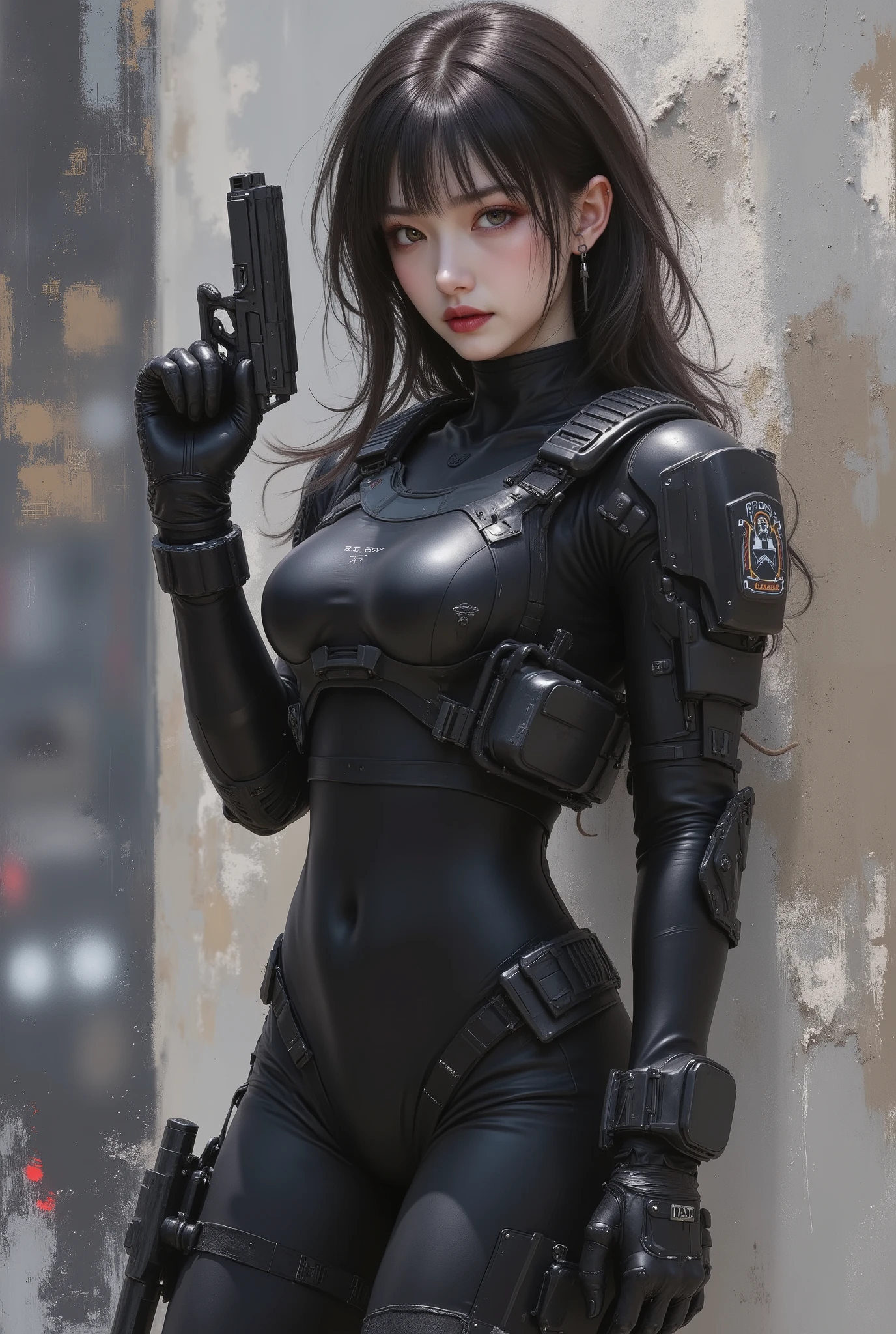 (masterpiece,High quality,mirror,cinematic experience,incredibly detailed,Absadless),8K Yen,Wallpaper,,( best illustration:2.0),(One Woman:2.0),(Motoko Kusanagi:2.0),( Ghost in the Shell worldview :2.0),( black tactical jumpsuit:2.0),(heavy black body armor:2.0),(black gloves:2.0),(short square:2.0),(beautiful eyes),(detailed face),(Detailed drawing of a female hand:2.0),(sexy:2.0),(彼はひざまずいて私にgunを向けた.:2.0),( right knee raised :2.0),(The cute girl in the background is Tokyo ,  where science and technology developed .:2.0),(Monochrome painting:2.0),(St. Petersburg:2.0),( gun身の真下のレーザーポインターガン :2.0),(gunの赤いレーザーポインターを私に向けてください:2.0), photo real、realistic skin texture、gun、extremely tight cyberpunk suit、beautiful long hair、Dim Cyberpunk City、Beautiful Thin Violet Eyes、Black hair with slightly purple tips