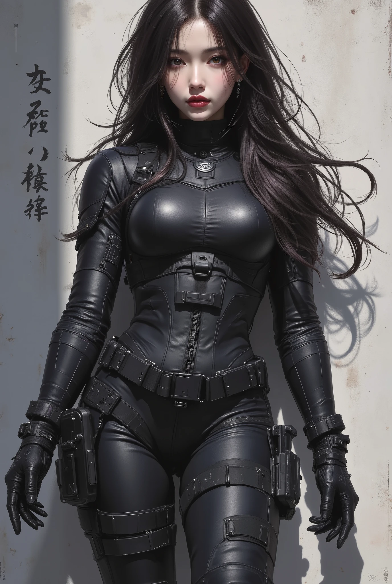 (masterpiece,High quality,mirror,cinematic experience,incredibly detailed,Absadless),8K Yen,Wallpaper,,( best illustration:2.0),(One Woman:2.0),(Motoko Kusanagi:2.0),( Ghost in the Shell worldview :2.0),( black tactical jumpsuit:2.0),(heavy black body armor:2.0),(black gloves:2.0),(short square:2.0),(beautiful eyes),(detailed face),(Detailed drawing of a female hand:2.0),(sexy:2.0),(彼はひざまずいて私にgunを向けた.:2.0),( right knee raised :2.0),(The cute girl in the background is Tokyo , where science and technology developed .:2.0),(Monochrome painting:2.0),(St. Petersburg:2.0),( gun身の真下のレーザーポインターガン :2.0),(gunの赤いレーザーポインターを私に向けてください:2.0), photo real、realistic skin texture、gun、extremely tight cyberpunk suit、beautiful long hair、Dim Cyberpunk City、Beautiful Thin Violet Eyes、Black hair with slightly purple tips