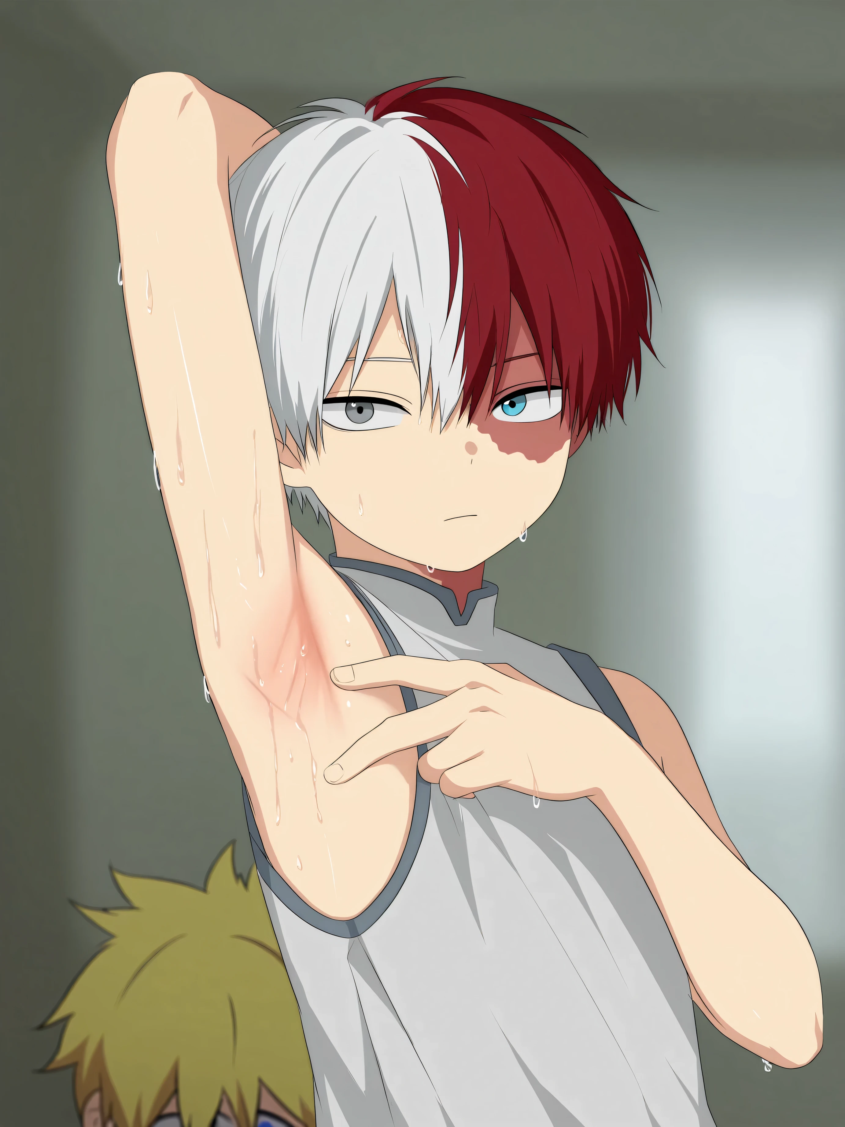 High Resolution, Masterpiece, Best Quality, Top Quality, high quality, high detail, Anime Style, 1 boy, Shota, young boy, Single Person, shouto_todoroki, white hair, red hair, gray eyes, blue eyes, heterochromia, short hair, hair between eyes, bangs, multicolored hair, two-colored hair, split-colored hair, burn scar, facial scar, sleeveless hiodie, Bare shoulders, Seen from the front, looking towards the viewer, upper body, sweating, Wet armpits, Cute smooth armpits, showing armpits, Cute armpits, Boy showing his armpits cutely, 12-year-old boy's armpits, Adorable little armpits, (very young boy), (very small and short body), 12-year-old boy, uhd, blurry background