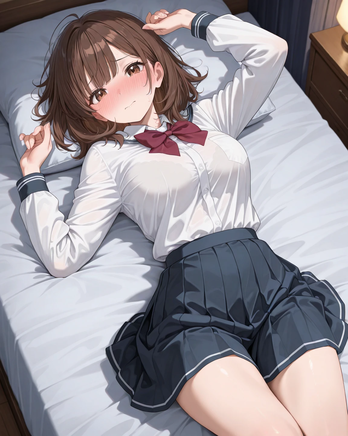 highest quality, High resolution, Cowgirl, bed, The exact number of fingers, Exact number of legs, Exact number of arms, bangs, brown hair, blush, Pull up your skirt, White ?????????