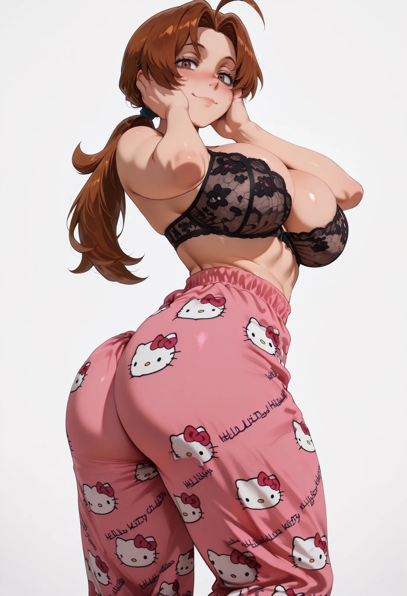 deliaketchum, brown hair, brown eyes, parted bangs, ahoge, ponytail, low ponytail, Solo, Delia Ketchum from Pokémon, BIG BREASTS , shiny skin, shiny hair, shiny body, clear body, white background, empty background, ,, , DYNAMIC POSE , white background, empty background, BAGS UNDER EYES, LARGE BREASTS,, STANDIN UPRIGHT, COWBOY SHOT, POSING, cleavage, CLEAVAGE, BIG ASS, shiny skin, shiny hair, shiny body, clear body, white background, empty background, standing, nice legs, looking at viewer, nose blush, shiny legs, shiny body, shiny hair, clear skin, clear body,, solo, thick thigh, thick thighs, solo, female, large breasts,  large breasts  ,,,, COWBOY SHOT,, soft smile, view from side below, sheer black lace lingerie bra, hello kitty pajama pants,pink/pants,hello kitty pajama pants, pink/pants,, hello kitty pajama pants,pink/pants,hello kitty pajama pants, pink/pants,, hello kitty pajama pants,pink/pants,hello kitty pajama pants, pink/pants, big ass, one hand behind on her, one hand on face, BIG ASS

,