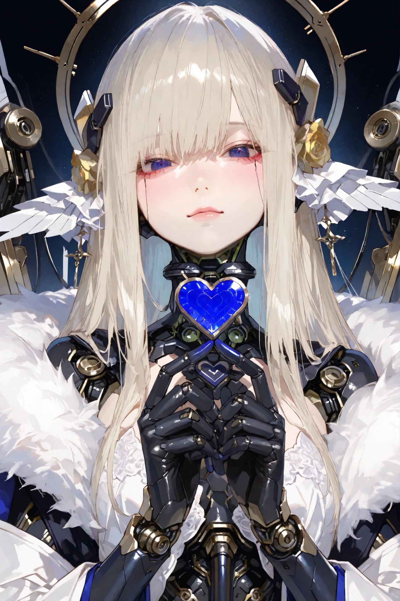 with both hands、Hiraga Genchi's mechanical doll,    Japanese dolls  ,  Representative Works ,   professional, holding the heart of the machine with both hands {x} with a very elaborate and detailed mechanical mechanism、holding the heart of the machine with both hands,   (( high resolution, 8k, Exquisite details, realistic skin texture、masterpiece, Super Detailed, Highest Quality, HDR, perfect face, Aesthetic Eyes   , （detailed face, Details Eyes ）with delicate and fluffy texture, )),