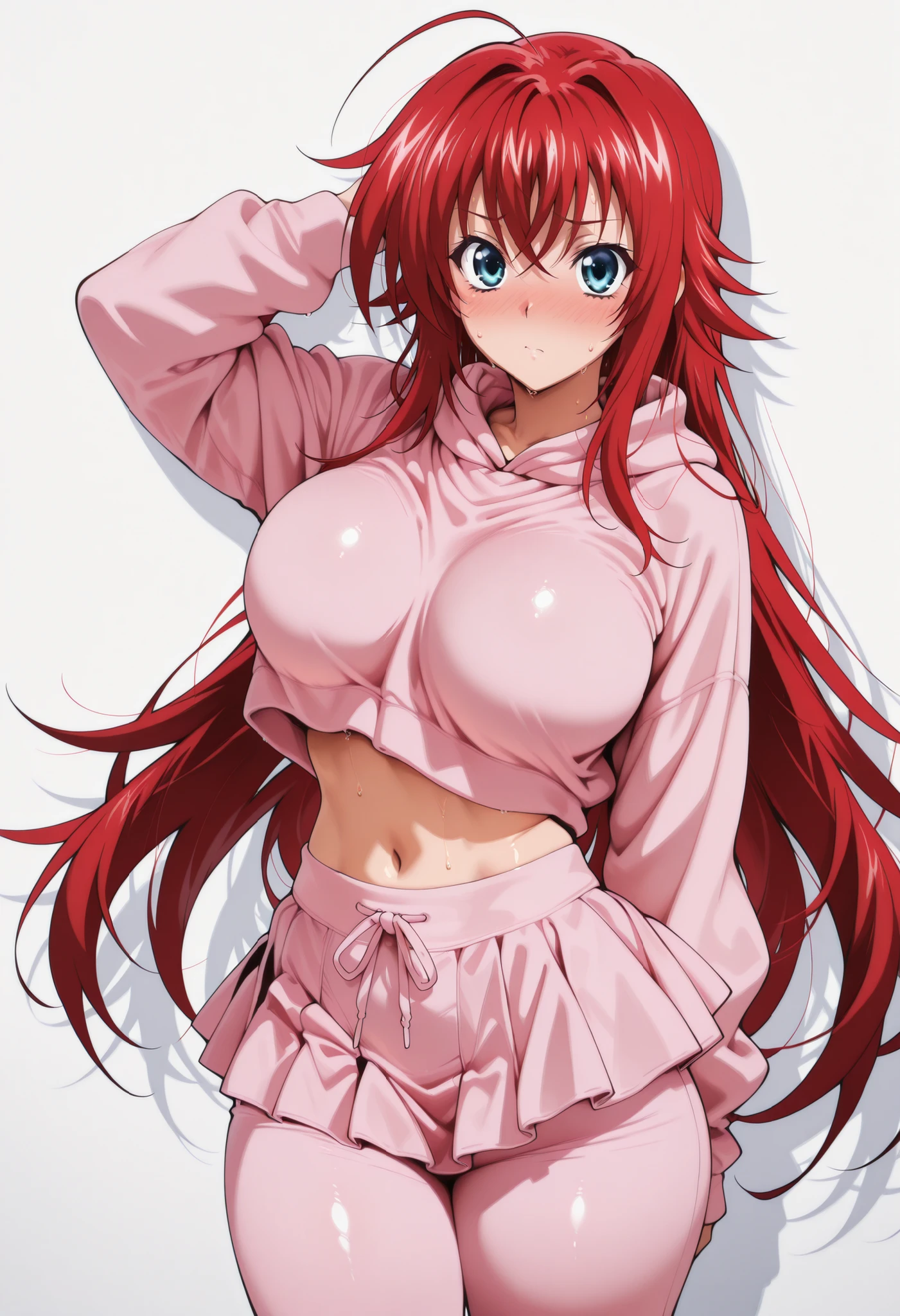 (masterpiece), Anime Style,solo,alone,only 1 girl,Rias Gremory standing, , , COWBOY SHOT, detailed rendering, smooth skin ,, looking at viewer, nose blush, shiny legs, shiny body, shiny hair, clear skin, clear body, sweat, sweaty, sweaty:1.3, solo, thick thigh, thick thighs, solo, female, large breasts,, looking at viewer, large breasts, STANDING, POSING, COWBOY SHOT, NICE LEGS, opaque clothes,, HUGE BREASTS,, solo, large breasts, thick thigh, dynamic pose, navel ,midriff, ,,,, white background, empty background, pink hoodie, pants under skirt, pink skirt, pink pants