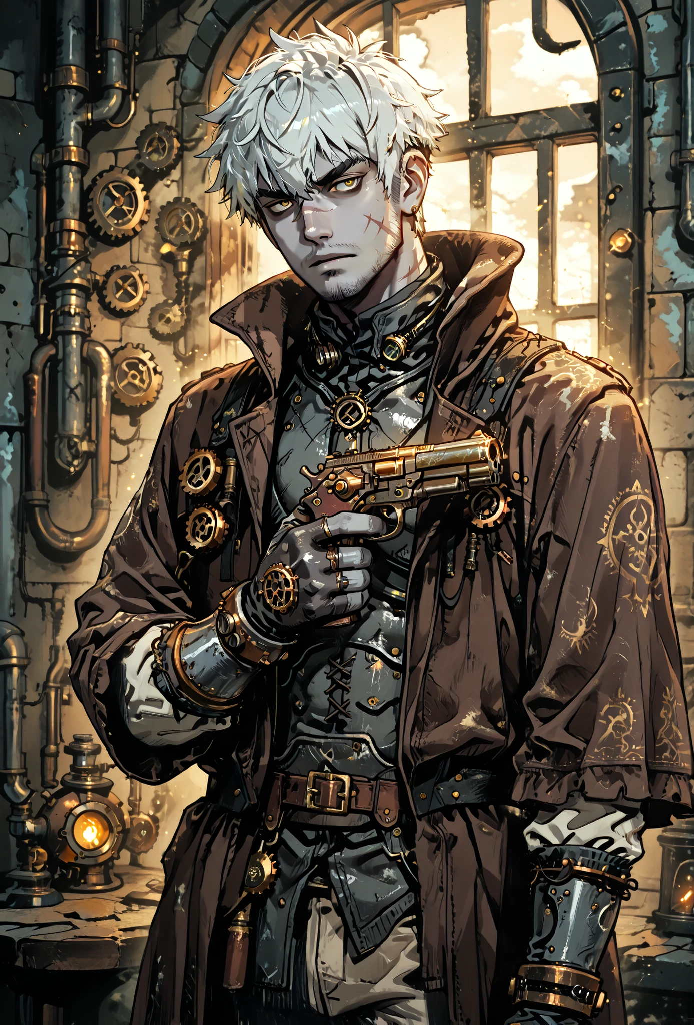 gray skin,male sorcerer, short hair, brown eyes, steampunk clothung,holding a steampunk pistol in his hand, steampunk thick eyebrows, forked eyebrows, stubble, scars on face, scar on nose, scar on cheek, mlwuter,solo, Genasi male, portret solo, грубые черты лица, white hair, gray skin, tatoo,fantasi clothing, portret, ,white hair,short hair,yellow eyes,hair between eyes,solo,тауировка в виде полумесяца на лбу, ультра-детально, парящие магические сферы, пещера с кристаллическими сталактитами, множественные отражения света, блики и ореолы,dungeon, dnd, style fantasi