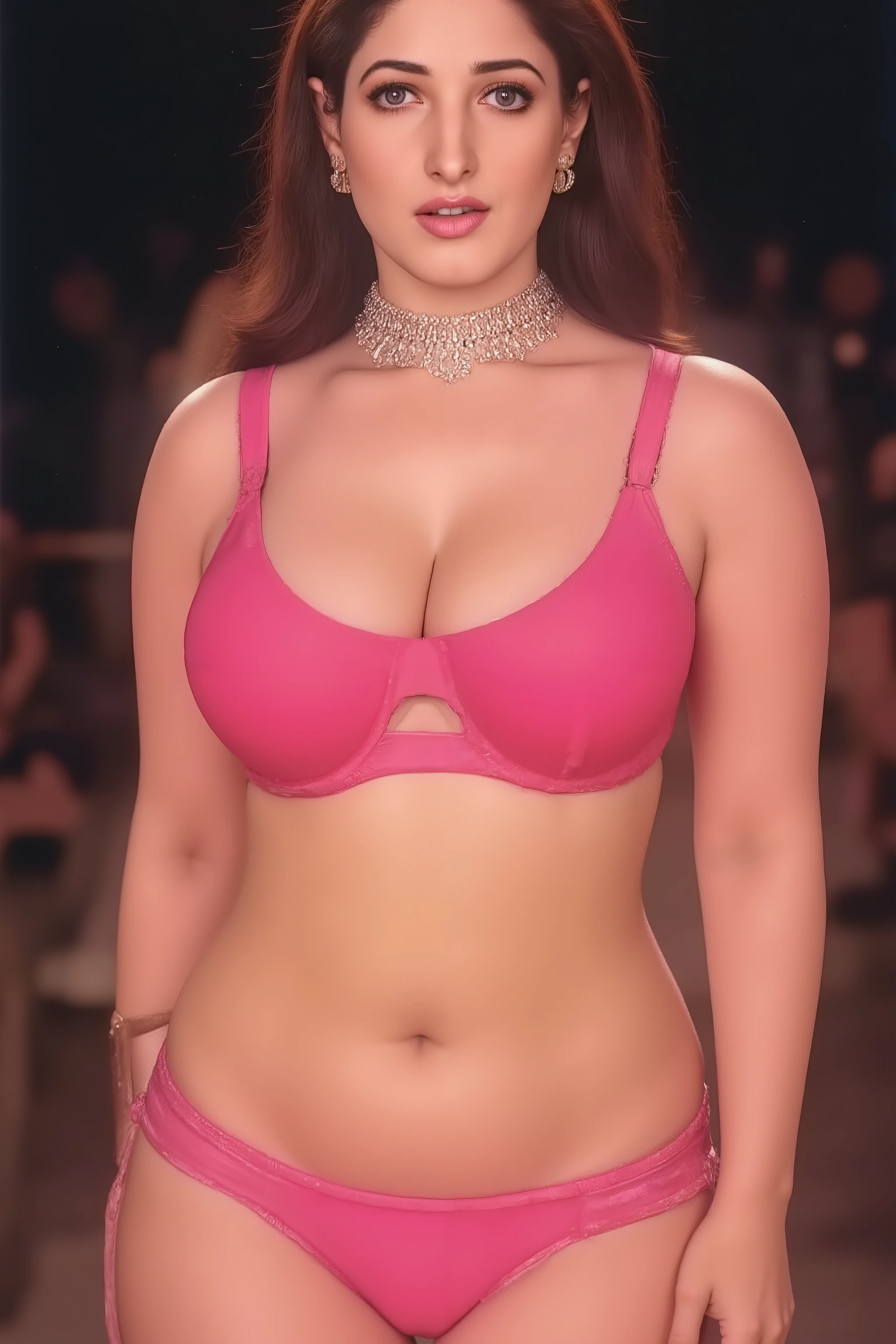 The image shows a sexy curvy (plump) indian bhabhi standing with giving erotic pose, wearing a pink traditional bridal lingerie, that exposes her massive breasts nipples transparent and deep cleavage. ((bdsm, bondage, pink rope)) She has traditional jewelry — earrings, a nose ring, The image is 4K, 8K, hyperrealistic, high-resolution, detailed skin texture, cinematic lighting, traditional Indian woman, saree, , realistic details.*