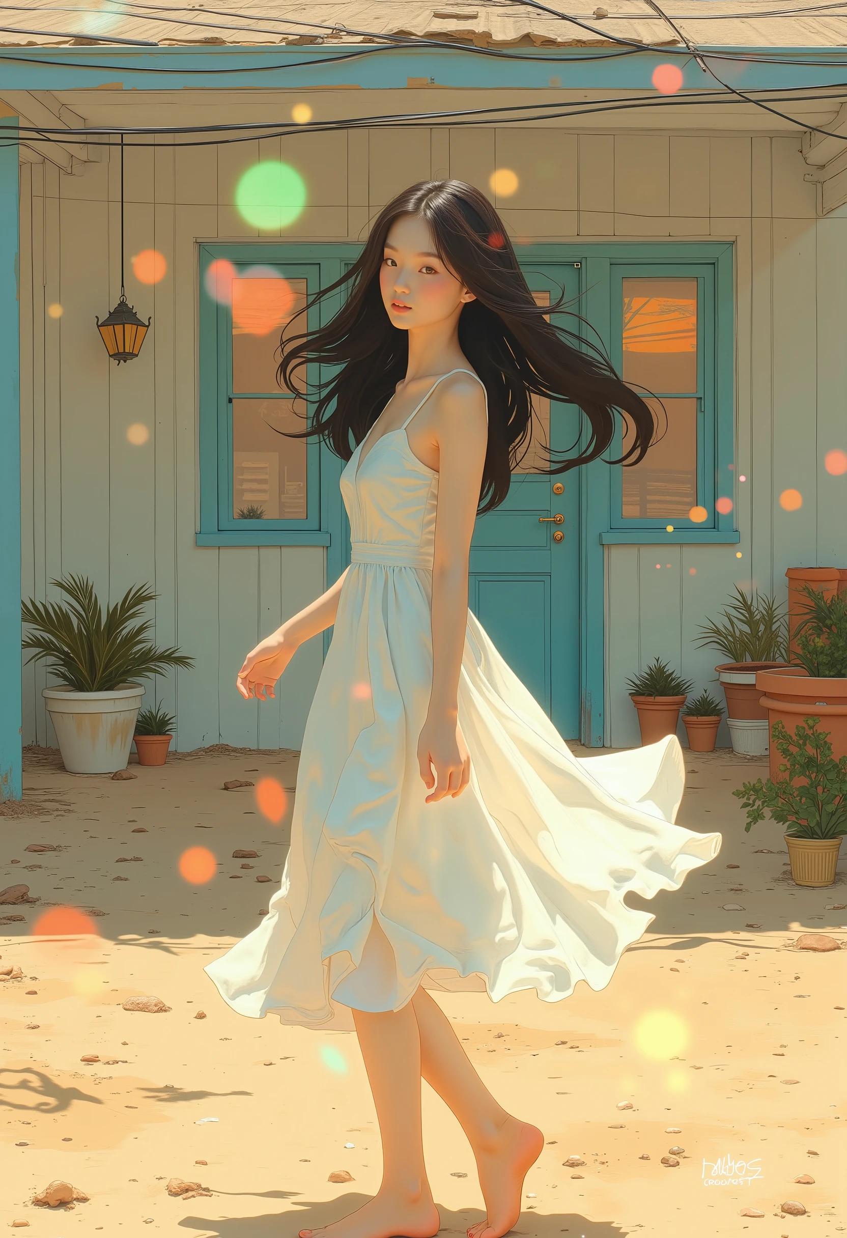 A detailed cinematic composition-like illustration shows a cowboy shot of a beautiful Asian woman in a white sleeveless dress. The woman has beautiful make-up and long hair blowing in the wind. The woman is outdoors on a sandy area (standing with her torso slightly tilted to the left in a playful pose: 3.6). In the background, a building with a light-colored roof and a blue door is visible. The building has a covered porch, and several potted plants can be seen on the porch. In the background (the setting sun shines brightly in the backlight, enveloping the woman: 3.6). (A photographic lens flare covers the screen, creating an evening solitude: 3.6).