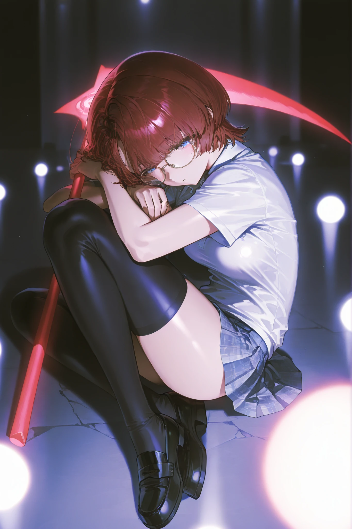 1girl(1girls、ArimuraMao、Arimura、Mao、The Idolmaster、学園The Idolmaster、)1girl 、ultra high res、Highest Quality、masterpiece、very detailed、super detailed skin、detailed and beautiful eyes、half-open eyes、zitoida 、beautiful faces、Bewitching、slender、cowboy shot、Medium Busty、glasses、cap、 tight polo shirt、miniskirt、Thigh High Socks、loafers、night中、night、真night中、ruins、Moonlight、Misaligned spotlights、She has a large scythe to reap lives、Sit and hug your knees、Full Body、A mechanical heart in one hand