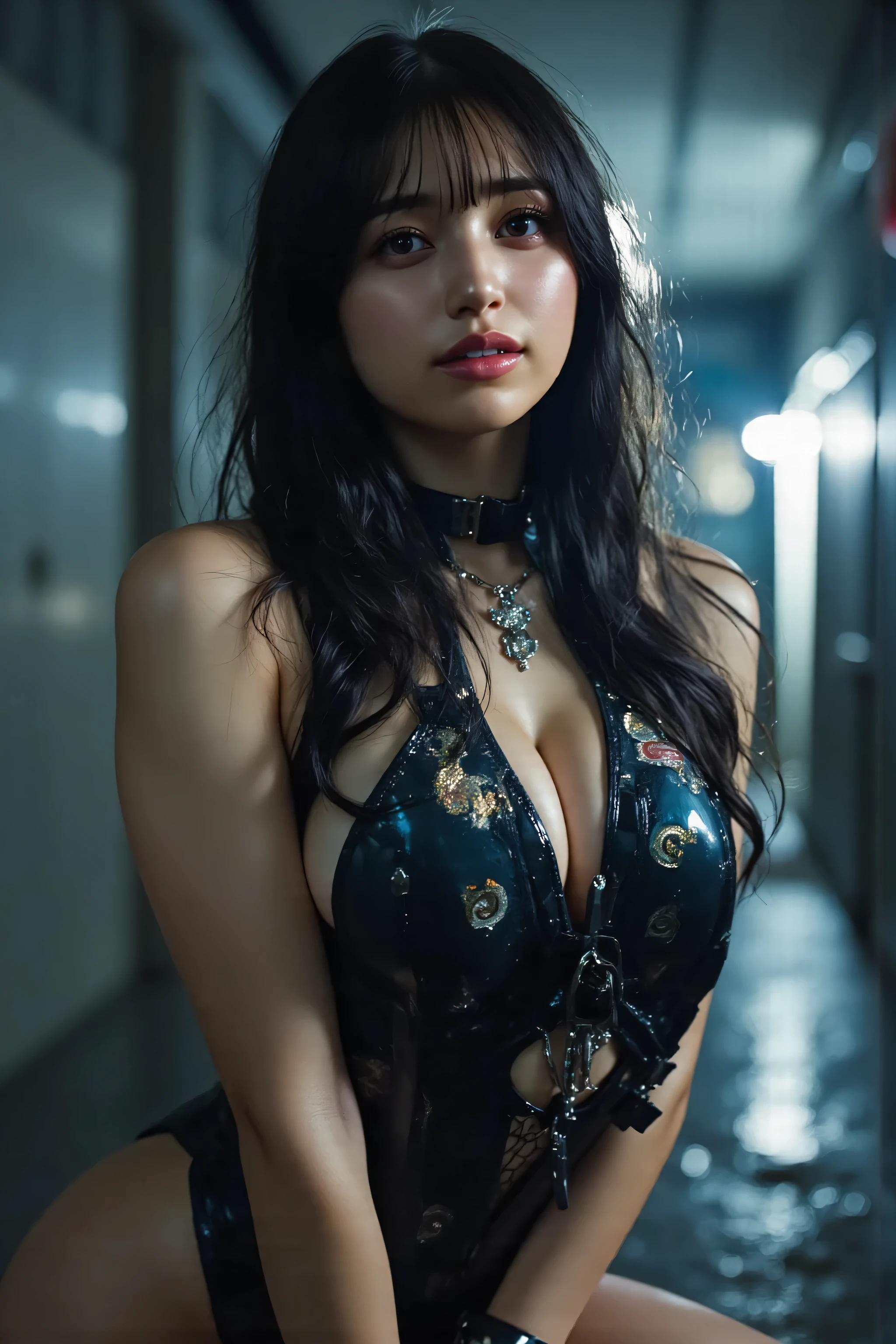 (((Rain of Shining Light Particles:2.0))),(((Midnight Future City Rooftop:2.0))),(((HR Gigger Cyberpunk Vibe:2.0))),(((Holding a Cyberpunk Sniper Rifle:2.0))),standing in the teacher's house,((Full Body:2.0))A woman,(cute face:1.5),(Beautiful well-balanced face :1.5),(Wavy Black Hair:1.7),(beautiful eyes:1.3),blade runner style lighting,Beautiful slender body,((model body type:2.0)),((slim body:1.7)),perfect body line,Ideal Proportions,((BIG BREASTS:2.0)),((スリーサイズ90-58-86:3.0)),((F cup chest:1.5)),big boobs,sensual thighs,delicate body,(muscular:1.7),a harmonious posture,((Realistic breast depiction :1.7)),carefully depict limbs based on perfect anatomy,((black china dress style costume with harness:2.0)),((((Body-hugging Latex China Dress:2.0)))),((((Fitted High Leg Slit China Dress:2.0)))),((Tactical Holster:1.5)),((Dragon Embroidered High Slit China Dress:2.0)),concept art,(Highest Quality:1.5),(masterpiece:1.5),(超高Resolution),Resolution,UHD,(delicate depiction),carefully drawn,32k,((realistic skin texture:1.5)),(((super realistic:1.5))),carefully drawn eyelashes,Highly Detailed Faces,highly detailed female hands, Sexy appearance ,very sensual,(Blurry, dim background:1.5),professional photo shoot,(Movie Lights:2.0),((Blade Runner Style Lighting:2.0))