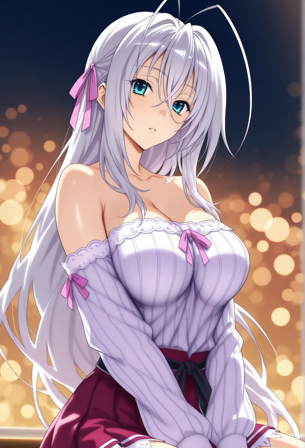 best quality, high resolution, large , white hair, blush, embarrassed, cowboy shot, looking at viewer, Boosette, pink lip, (((off shoulders)))