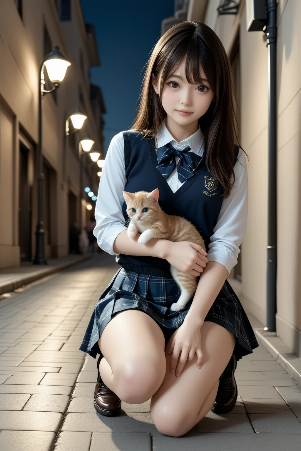 ((top quality, 8k, masterpiece: 1.3, raw photo)), Sharp Focus: 1.2, (1 aespa girl :1.2), (SOLO), (Realistic, Photorealistic: 1.37), (face focus: 1.1), cute face, ultra detailed face, small ???????, flat ?????, brunette short messy hair, kindness, (sitting, cowboy shot, school uniform, thighs:1.2), school, sunlight, movie lighting