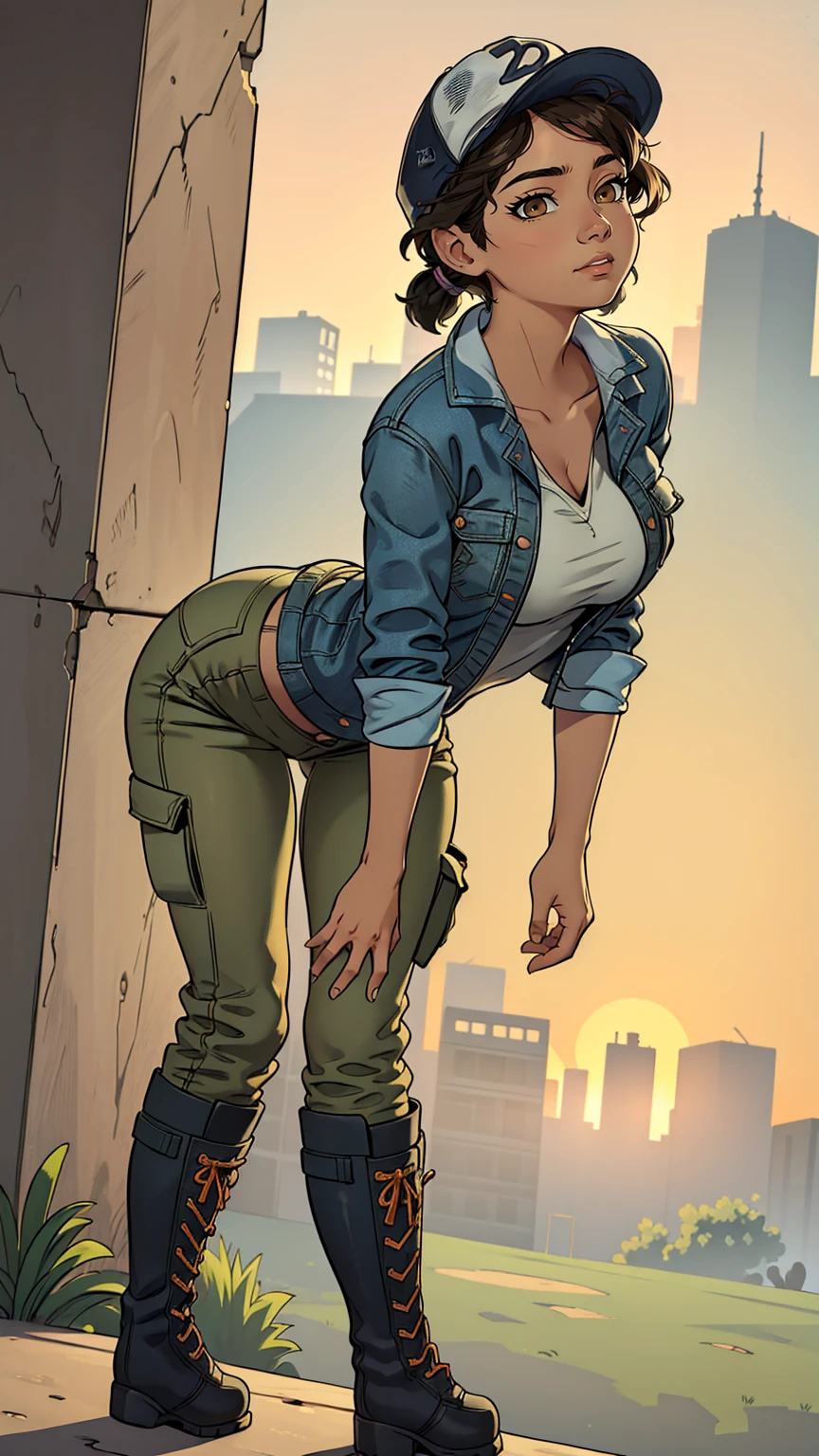 ((masterpiece, best quality)),(complex lighting) ,solo,(((1girl))) ,clementine, light skin,light-skinned female, baseball cap, green cargo pants, brown eyes, tight pants, combat boots, shirt, short hair, one short ponytail, open denim jacket, huge , thicc  , (((8k))), (((full body))), ((())), (((looking at the viewer))), (((view from in front of her))), , 