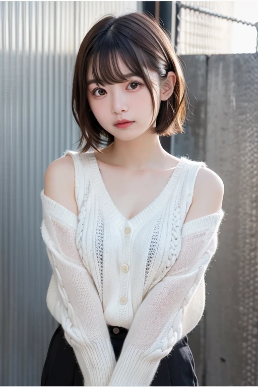 (8k, Photorealistic, Raw photo, Highest quality: 1.4),Japanese idol style１Beautiful girl of the person,18-year-old,Short Bob,Silver Hair,Hang your hair over your ears,Wearing small earrings in the ears,Big, clear grey eyes,Long eyelashes,Tear bags,There is a blackhead under the left eye,Plump Cheeks,Wearing pink lipstick,Apply gloss over your lipstick for glossy, plump lips,A short pendant is hanging around her neck.,Both hands have pink nail polish on their nails,Both toenails have black nail polish,Smiling,She is wearing a camisole with a summer knit cardigan over it.,Wearing  distressed jeans,Wearing red high heels,She is surrounded by the gentle sunlight filtering through the trees.,Full body portrait
