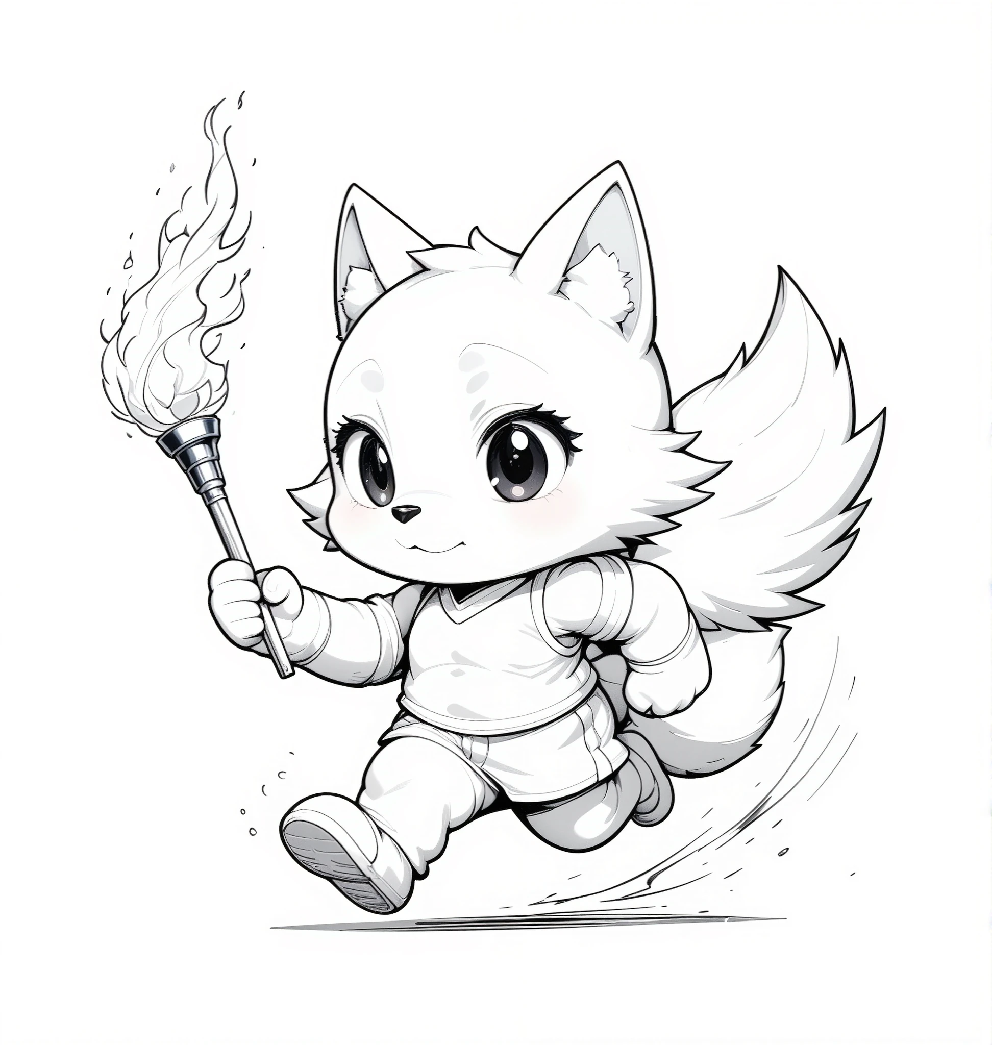 a simplified technical pen cartoon of anthropomorphic wolf running with an olympic torch, chibi style, coloring book style, black ink on white paper, a clean line drawing with thick lines, vector, sharp focus 