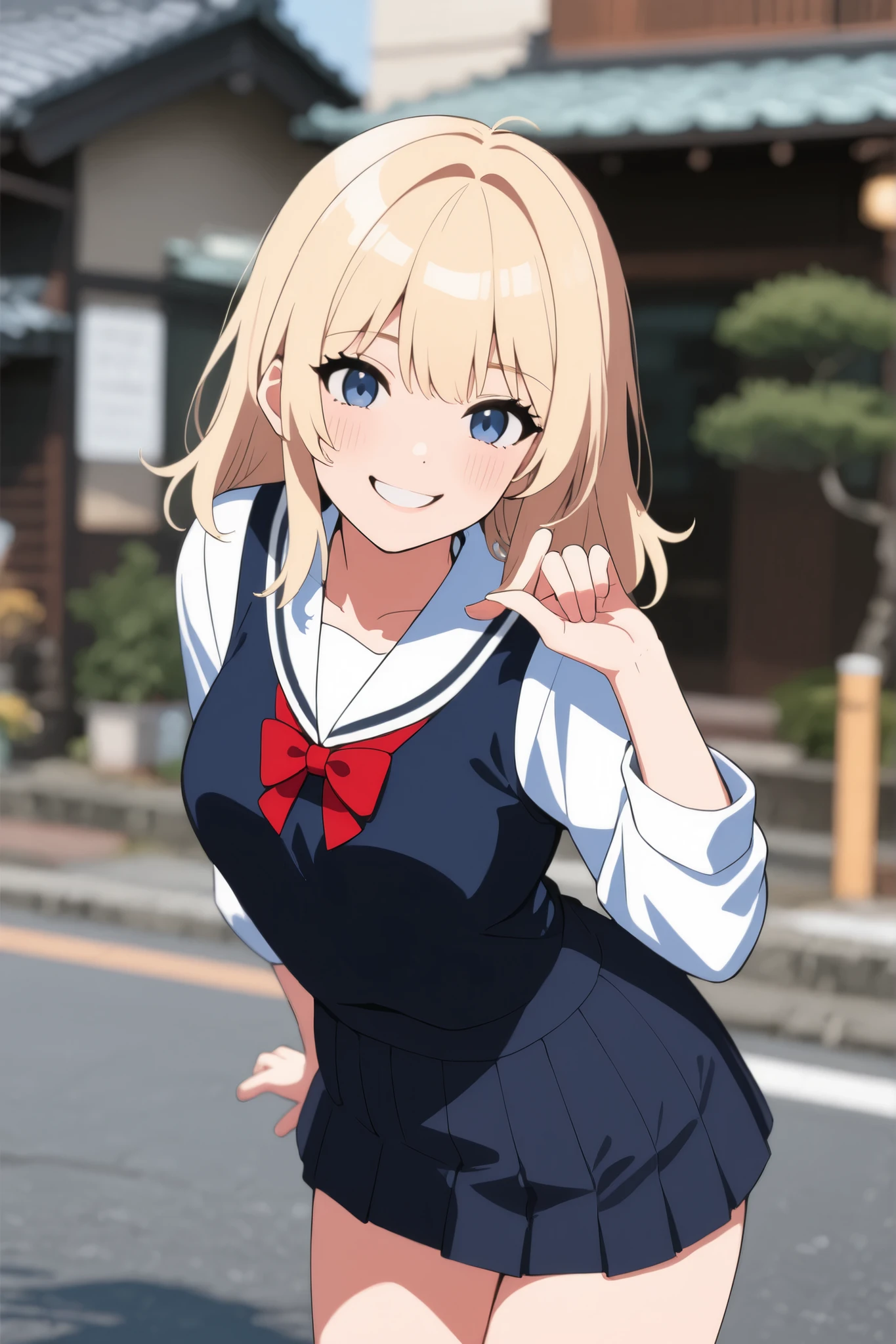 Can create a reference image of the same place, body shape, change the two-finger pose and smile at the camera and wear a warm jacket in Japan 