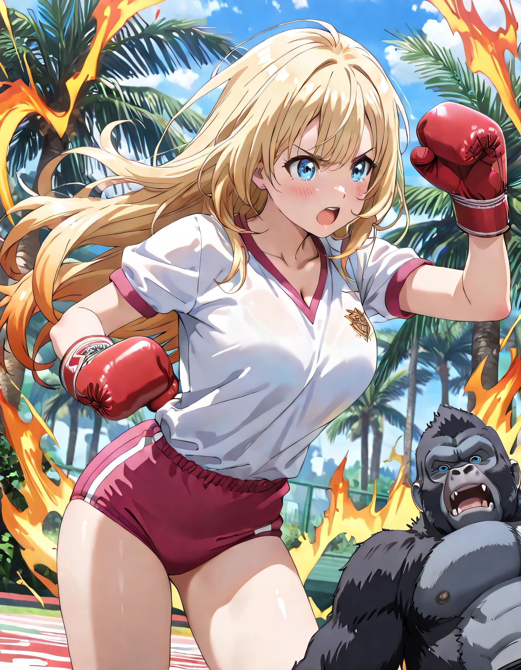 ((ultra-detailed)), (highly detailed CG illustration), (best quality:1.3), ultra-highly detailed, colorful composition, artistic photoshoot, 1girl, 1gorilla:1.3, battle, moe anime character, Anime-style, harmonious color palette, ethereal ambiance, dainty facial structure, round face, rounded chin:1.2, short stature, blue eyes:1.3, sagging eyes:1.3, (bronde hair:1.4), long hair, Upright hair, delicate curls, ample breasts, white gym uniform with pink rim:1.3, pink school gym buruma, boxing gloves, serious:1.3, blush:1.3, open mouth, breathing:1.4, flowing hair in the wind, (Enveloped in an aura of flame:1.4), supersaiyanaura:1.4, dynamic punch pose, (she is punching a giant gorilla:1.4), (gorilla being knocked down:1.4), contrapposto pose, from side, dramatic angle, looking away, cowboy shot, jungle background, daytime, sidelighting, dynamic motion blur, cinematic lighting, best quality, masterpiece, 8K resolution, portrait, depth of field, caustics, ray tracing, perfect face, lustrous skin, highly detailed face, highly detailed eyes, beautiful hair, beautiful small face, extremely detailed face, beautiful detailed eyes, beautiful clavicle, beautiful body, cleavage, beautiful thin thighs, beautiful legs, beautiful fingers, 4 fingers, 1 thumb, lovely, (very detailed background:1.0), (highly detailed background:1.0), pastel colors palette, kawaii aesthetic, intricate details, chromatic aberration
