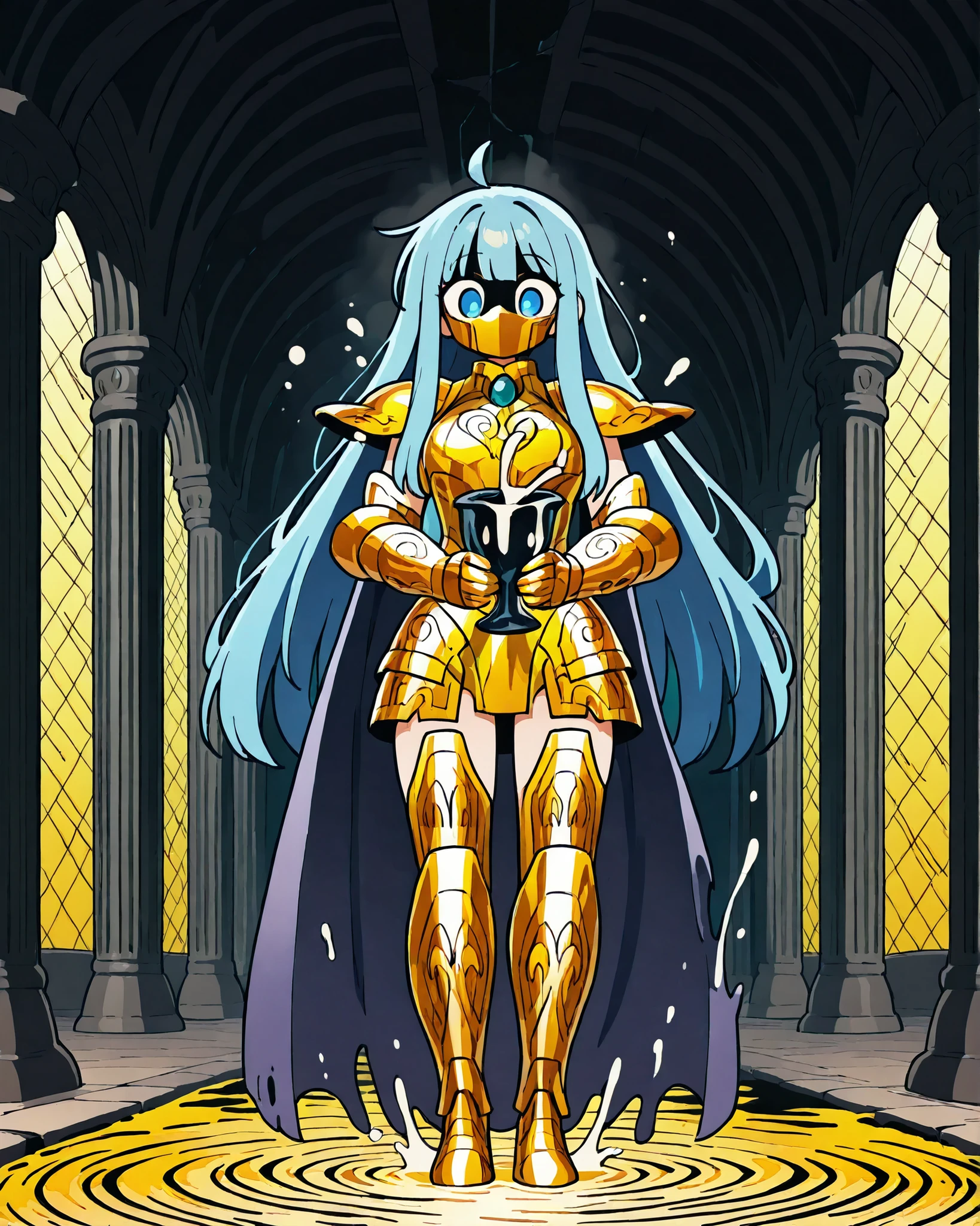 side angle, (masterpiece, best quality, 4k, anime illustration, dark fantasy, horror, cinematic lighting), {chibi}:(beautiful and attractive mystical woman with long blue hair floating like liquid, golden water bearer armor molded with very detailed fluid patterns, holding a broken vase spilling a black/dirty liquid, standing in a submerged temple), lighting coming from the ceiling through an opening, perfect shadows