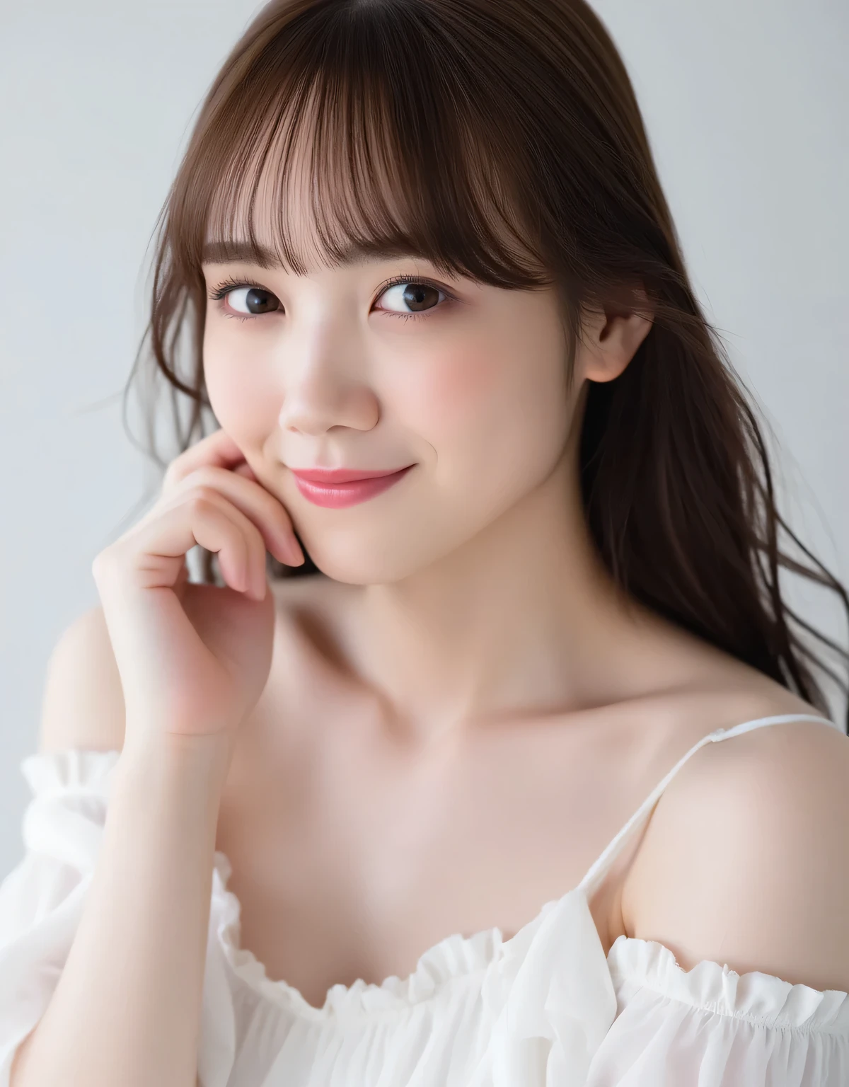 Mayu Tamura,1girl, cute face, beautiful face, (perfectly detailed face), face focus,((looking at viewer、highlighting the beauty of her collarbone, snow-white and delicate skin, a sweet and elegant expressionlooking sleepily with soft seductive gaze)), Simple Background, ((white background)), White skin, (bright lighting:1.2), perfect lighting, photorealistic,UHD, anatomically correct, highres、(8K,best quality, masterpiece,,beautiful detailed, ultra high res,raw photo,Full-HD, absurdres,high resolution, absolutely resolution:1.5)(masterpiece:1.3),,detailed face, detailed eyes, sophisticated nose, skin details, pale skin, perfect anatomy、beautiful black round eyes ,long hair,bangs, cute,small face,((sweet and innocent look , Innocent Smile、Clear Skin、innocent beauty、catch light、)) (((Pastel Makeup、Gloss Lips、sparkling eyeshadow、Fluffy False Lashes、Cute Pink Cheek、 )))sharp focus 、ray tracing,cinematic lighting,