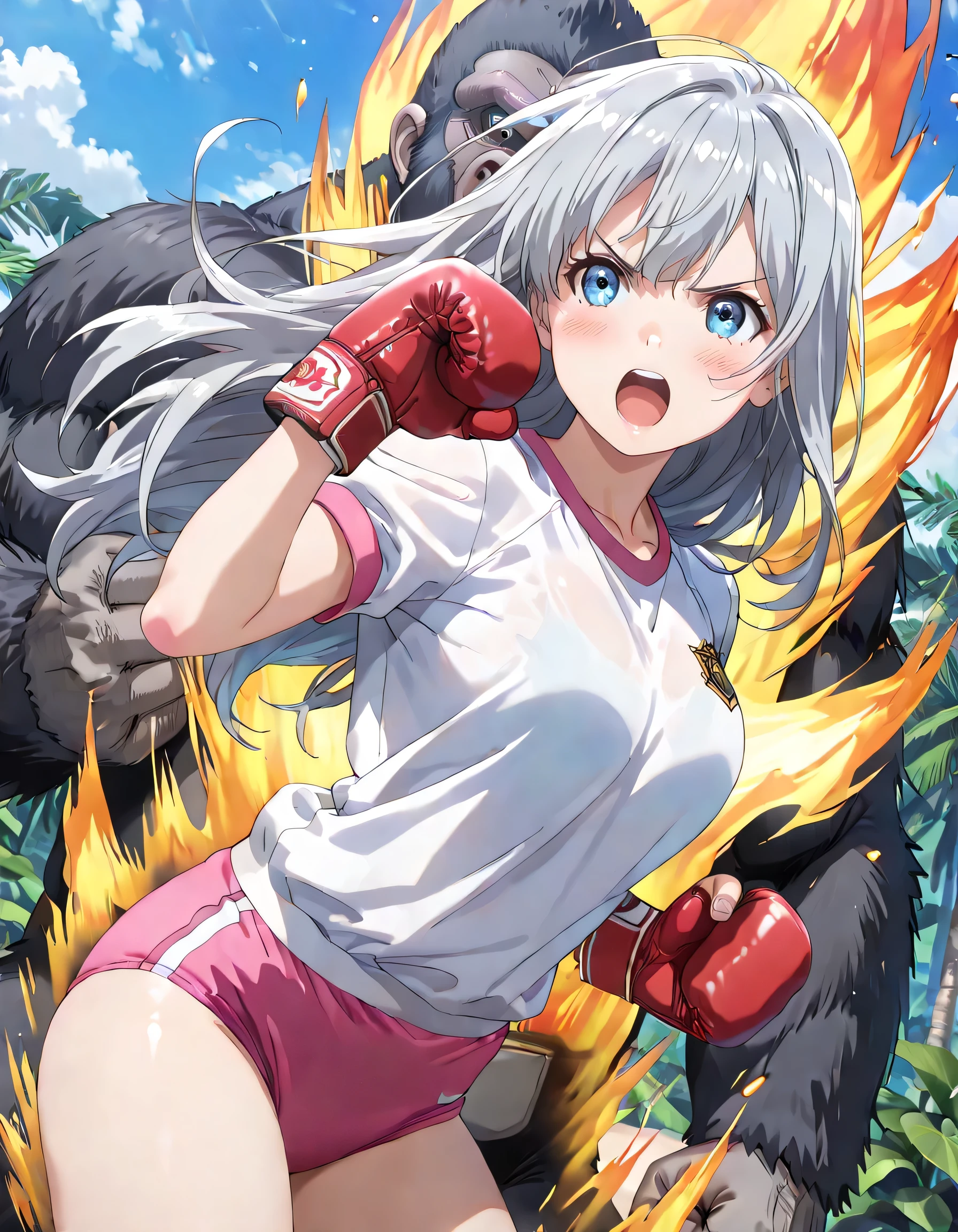 ((ultra-detailed)), (highly detailed CG illustration), (best quality:1.3), ultra-highly detailed, colorful composition, artistic photoshoot, 1girl, 1gorilla:1.3, battle, moe anime character, Anime-style, harmonious color palette, ethereal ambiance, dainty facial structure, round face, rounded chin:1.2, short stature, blue eyes:1.3, sagging eyes:1.3, (bronde hair:1.4), long hair, Upright hair, delicate curls, ample breasts, white gym uniform with pink rim:1.3, pink school gym buruma, boxing gloves, serious:1.3, angry:1.3, blush:1.3, open mouth, breathing:1.4, flowing hair in the wind, (Enveloped in an aura of flame:1.4), supersaiyanaura:1.4, dynamic punch pose, (she is punching a giant gorilla:1.4), (gorilla being knocked down:1.4), contrapposto pose, from side, dramatic angle, looking away, cowboy shot, jungle background, daytime, sidelighting, dynamic motion blur, cinematic lighting, best quality, masterpiece, 8K resolution, portrait, depth of field, caustics, ray tracing, perfect face, lustrous skin, highly detailed face, highly detailed eyes, beautiful hair, beautiful small face, extremely detailed face, beautiful detailed eyes, beautiful clavicle, beautiful body, cleavage, beautiful thin thighs, beautiful legs, beautiful fingers, 4 fingers, 1 thumb, lovely, (very detailed background:1.0), (highly detailed background:1.0), pastel colors palette, kawaii aesthetic, intricate details, chromatic aberration