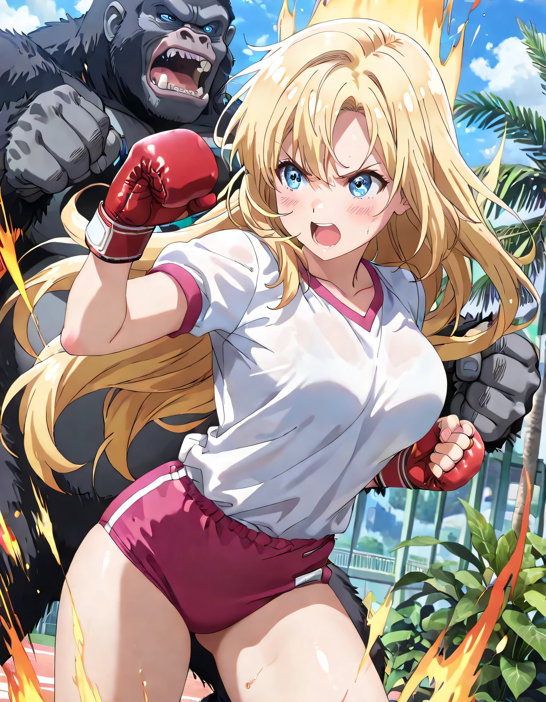 ((ultra-detailed)), (highly detailed CG illustration), (best quality:1.3), ultra-highly detailed, colorful composition, artistic photoshoot, 1girl, 1gorilla:1.3, battle, moe anime character, Anime-style, harmonious color palette, ethereal ambiance, dainty facial structure, round face, rounded chin:1.2, short stature, blue eyes:1.3, sagging eyes:1.3, (bronde hair:1.4), long hair, Upright hair, delicate curls, ample breasts, white gym uniform with pink rim:1.3, pink school gym buruma, boxing gloves, serious:1.3, angry:1.3, blush:1.3, open mouth, breathing:1.4, flowing hair in the wind, (Enveloped in an aura of flame:1.4), supersaiyanaura:1.4, dynamic punch pose, (she is punching a giant gorilla:1.4), (gorilla being knocked down:1.4), contrapposto pose, from side, dramatic angle, looking away, cowboy shot, jungle background, daytime, sidelighting, dynamic motion blur, cinematic lighting, best quality, masterpiece, 8K resolution, portrait, depth of field, caustics, ray tracing, perfect face, lustrous skin, highly detailed face, highly detailed eyes, beautiful hair, beautiful small face, extremely detailed face, beautiful detailed eyes, beautiful clavicle, beautiful body, cleavage, beautiful thin thighs, beautiful legs, beautiful fingers, 4 fingers, 1 thumb, lovely, (very detailed background:1.0), (highly detailed background:1.0), pastel colors palette, kawaii aesthetic, intricate details, chromatic aberration