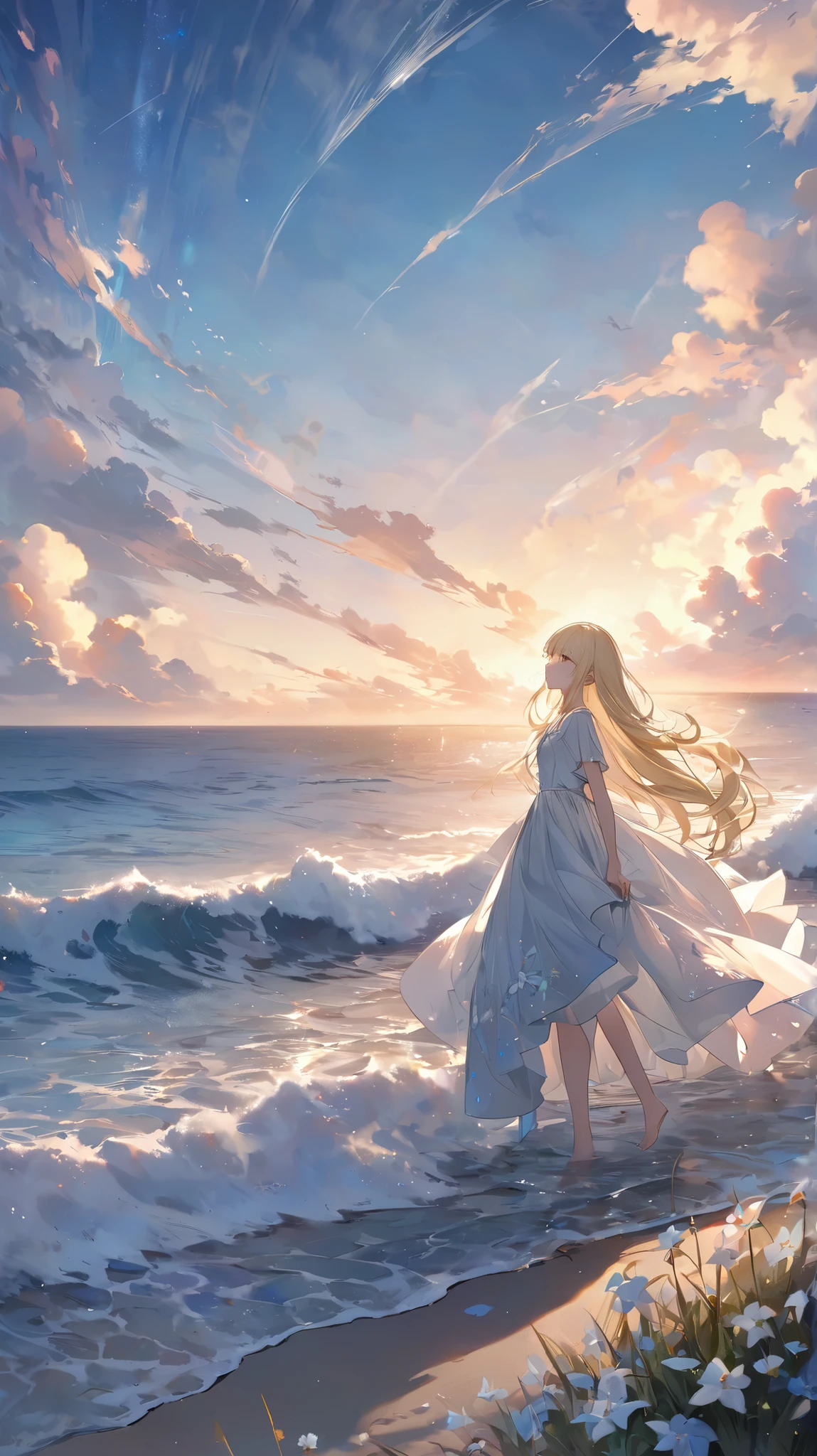 Anime girl standing on the beach looking at the sunset - SeaArt AI