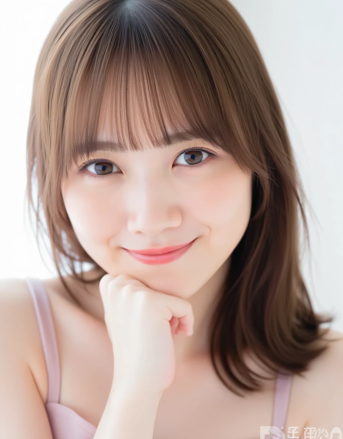 Mayu Tamura,RAW photo, reality, ((staring)), ((focus on face)), ((close-up)), front view, Japanese woman, smiling, medium long hair, dark brown hair, light pink bra top, unedited, live-action, genuine, cute young girl, beautiful reflective eyes, beautifully detailed lips, very delicate eyes and face, long eyelashes, shy smile, simple white background, natural light