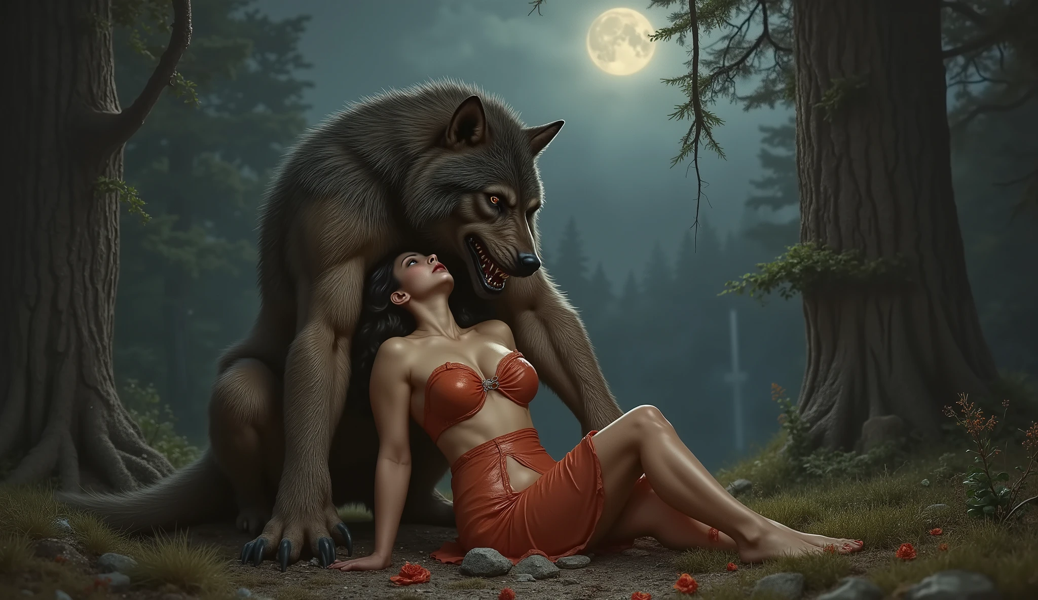 Werewolf having sexual intercourse with a young woman  