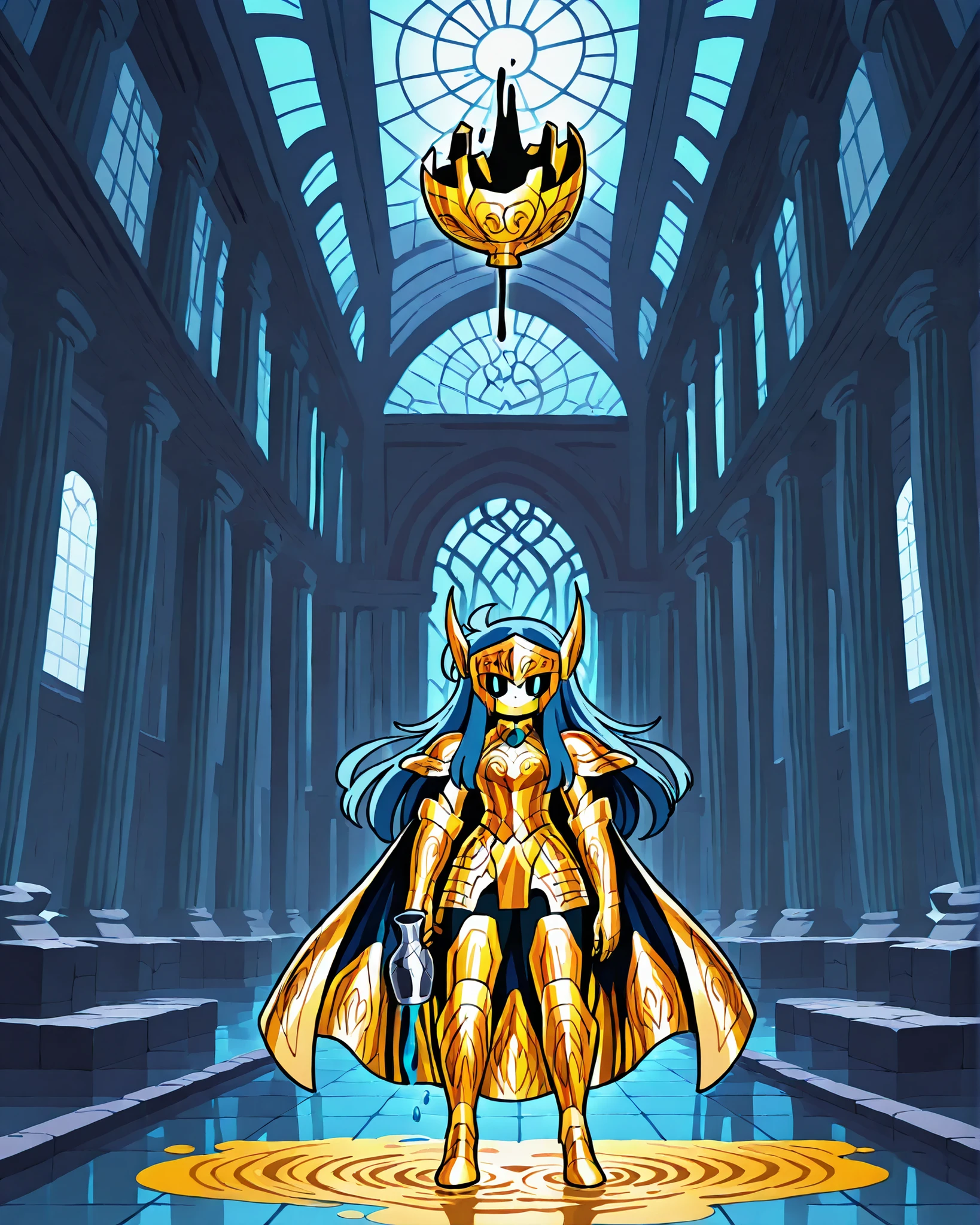 side angle, (masterpiece, best quality, 4k, anime illustration, dark fantasy, horror, cinematic lighting), {chibi}:(beautiful and attractive mystical chibi with long blue hair floating like liquid, golden water bearer armor molded with very detailed fluid patterns, holding a broken vase spilling a black/dirty liquid, standing in a submerged temple), lighting coming from the ceiling through an opening, perfect shadows