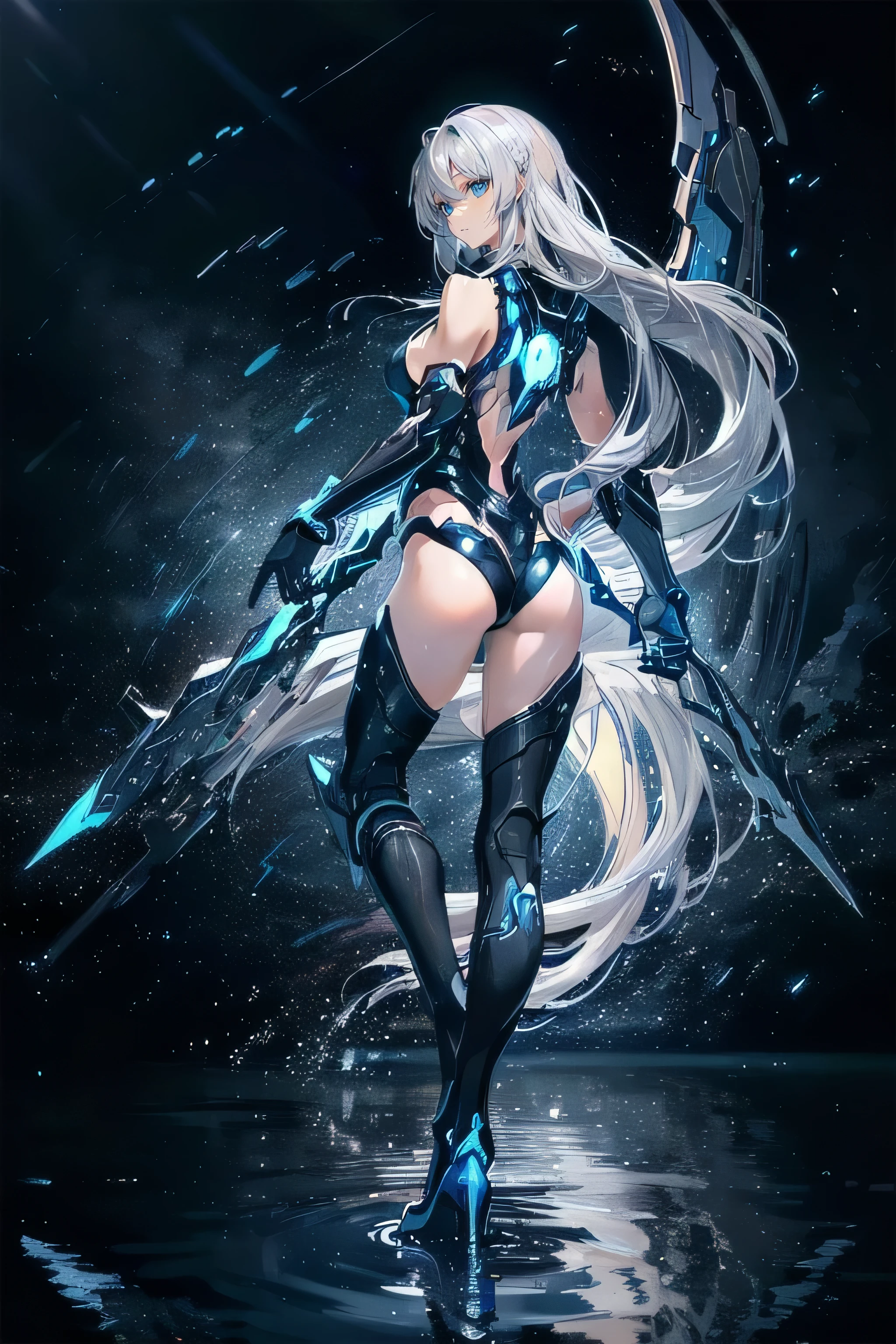 (masterpiece), (best quality), (ultra high resolution), (ultra detailed), High definition RAW color art, animation,sculpture, Silver Marble Skin, Ultra detailed elegant, finely detailed color, cenematic painting, (Top image quality), (Ultra Detailed), looking at me, ((back view)), cowboy shot, top quality, masterpiece, (((only 1 girl))), Silver Hair, white hair, ((Long hair)), (deep blue eyes:1.6), night, outdoors, lake, water, Reflection on the water horizon, walking into liquid, galaxy, starry sky, milky way, ((cybernetic blade)), ((high leg)), ((bare legs)), ((sleeveless)), battle suit, bodysuit, mecha suit, black suit