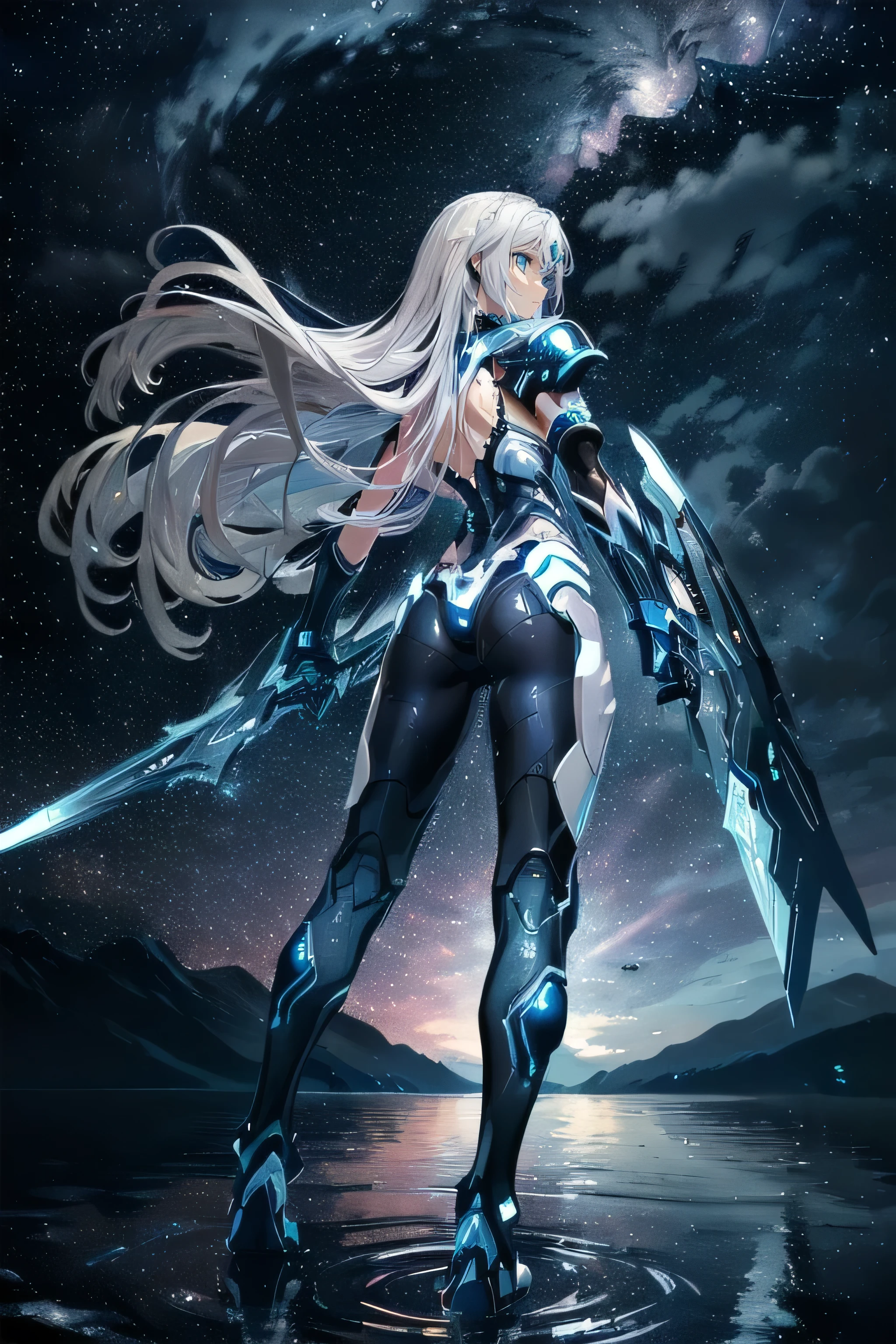 (masterpiece), (best quality), (ultra high resolution), (ultra detailed), High definition RAW color art, animation,sculpture, Silver Marble Skin, Ultra detailed elegant, finely detailed color, cenematic painting, (Top image quality), (Ultra Detailed), looking at me, ((back view)), cowboy shot, top quality, masterpiece, (((only 1 girl))), Silver Hair, white hair, ((Long hair)), (deep blue eyes:1.6), night, outdoors, lake, water, Reflection on the water horizon, walking into liquid, galaxy, starry sky, milky way, ((cybernetic blade)), ((high leg)), ((bare legs)), ((sleeveless)), battle suit, bodysuit, mecha suit, black suit