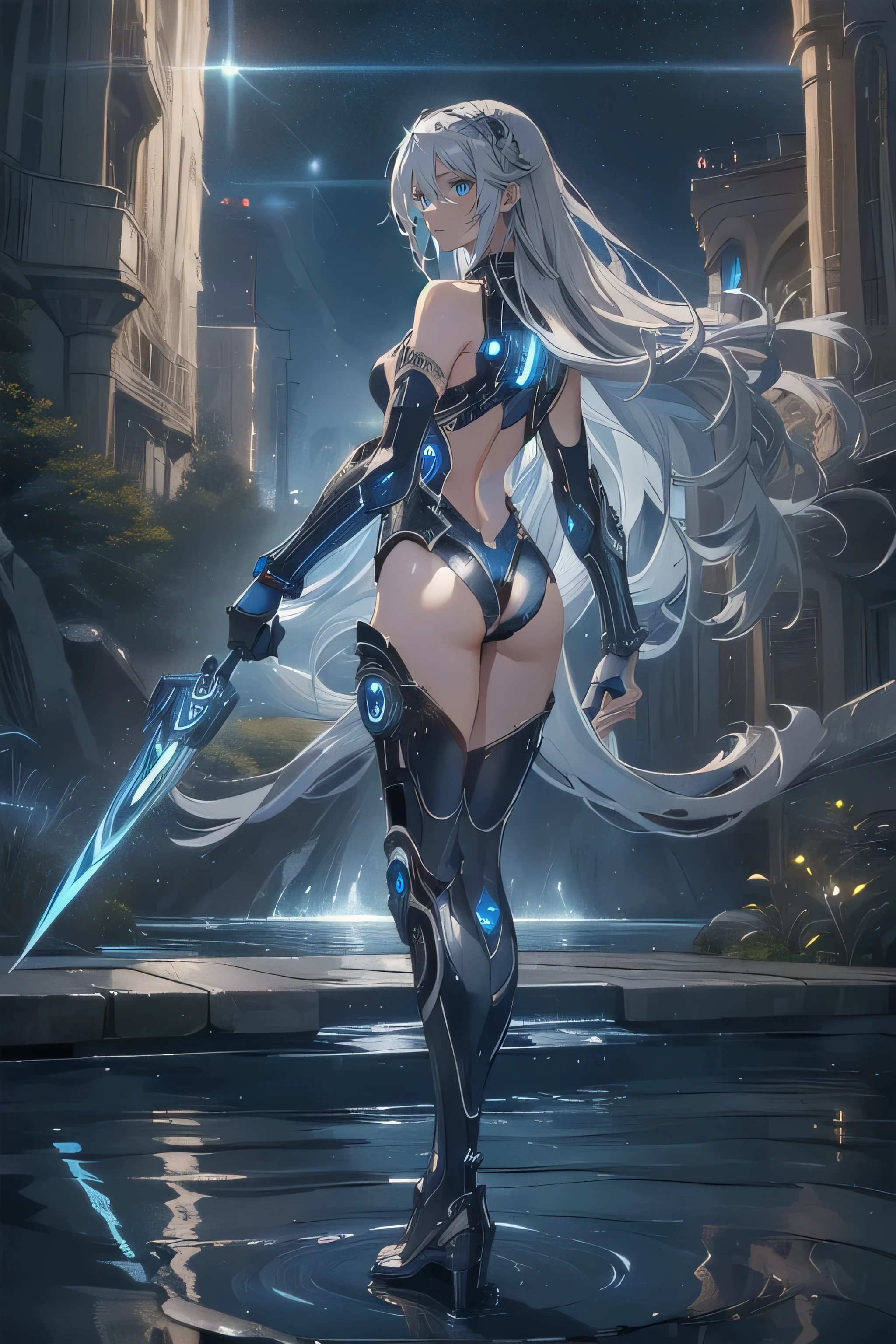 (masterpiece), (best quality), (ultra high resolution), (ultra detailed), High definition RAW color art, animation,sculpture, Silver Marble Skin, Ultra detailed elegant, finely detailed color, cenematic painting, (Top image quality), (Ultra Detailed), looking at me, ((back view)), cowboy shot, top quality, masterpiece, (((only 1 girl))), Silver Hair, white hair, ((Long hair)), (deep blue eyes:1.6), night, outdoors, lake, water, Reflection on the water horizon, walking into liquid, galaxy, starry sky, milky way, ((cybernetic blade)), ((high leg)), ((bare legs)), ((sleeveless)), battle suit, bodysuit, mecha suit, black suit