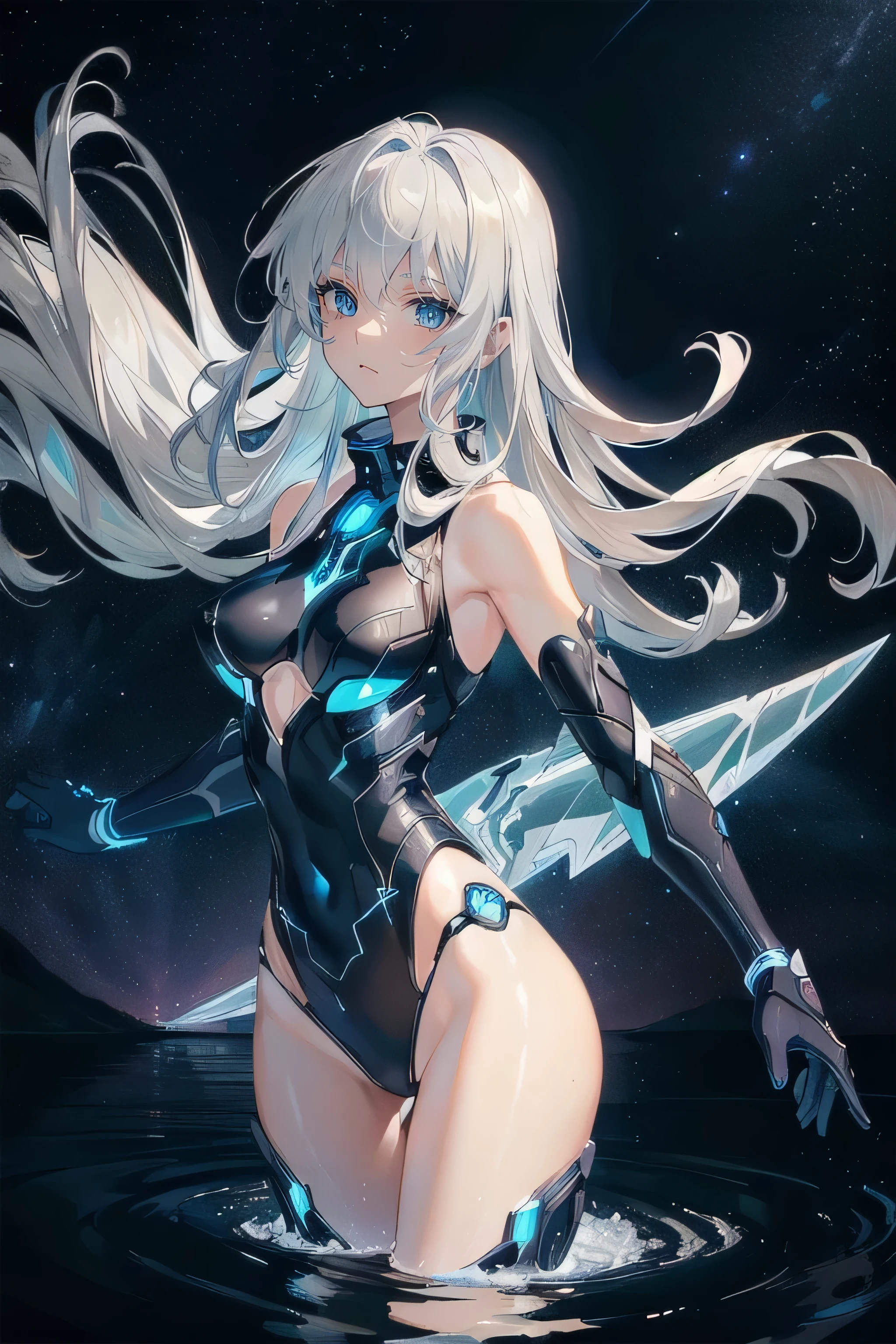 (masterpiece), (best quality), (ultra high resolution), (ultra detailed), High definition RAW color art, animation,sculpture, Silver Marble Skin, Ultra detailed elegant, finely detailed color, cenematic painting, (Top image quality), (Ultra Detailed), looking at me, ((back view)), cowboy shot, top quality, masterpiece, (((only 1 girl))), Silver Hair, white hair, ((Long hair)), (deep blue eyes:1.6), night, outdoors, lake, water, Reflection on the water horizon, walking into liquid, galaxy, starry sky, milky way, ((cybernetic blade)), ((high leg)), ((bare legs)), ((sleeveless)), battle suit, bodysuit, mecha suit, black suit