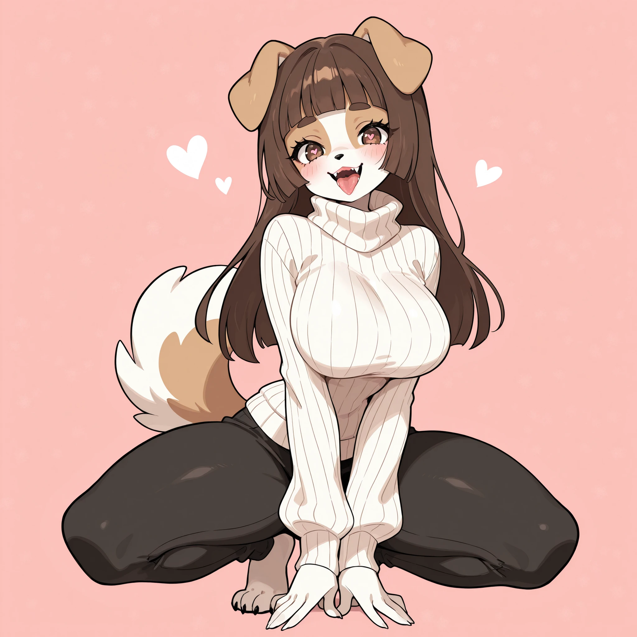 masterpiece, ultra-HD, impressionism, high detail, best quality, very aesthetic, 8K, best quality, beautiful, ultra-high resolution, 32K UHD, sugimorixd, 1girl, solo, anthro furry, white fur, brown spots, long brown hair, blunt bangs, hime cut, brown eyes, heart-shape pupils, eyelashes, black eyeliner, pink lips, droopy dog ears, dog tail, sharp fangs, elongated snout, big breasts, narrow waist, wide hips, thick thighs, shapely legs, slim, white ribbed turtleneck baggy sweater, black pants, barefoot, blushed, smile, open mouth, tongue out, cute, squatting, full body, looking at the viewer, simple background, front view