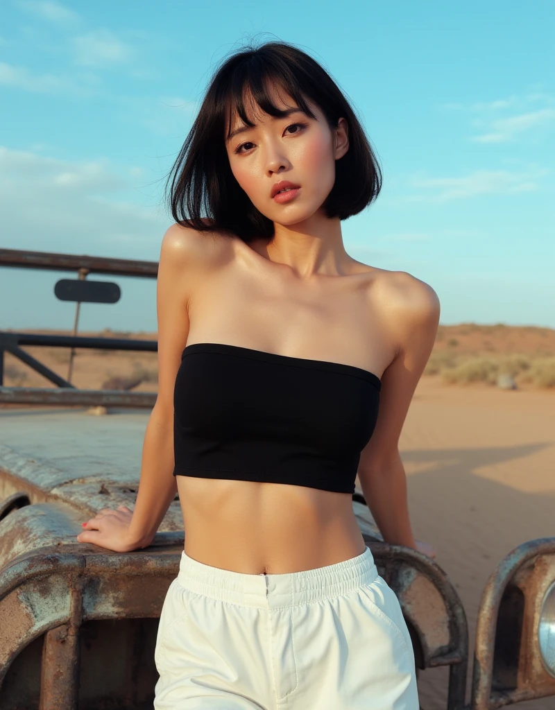 Miley Cyrus, personality, hair tied in a high ponytail, wearing a cropped tank top and shorts, sitting and posing seductively in the desert