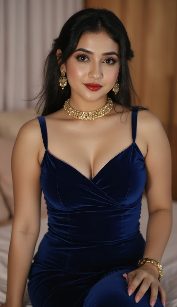 Half-length glamour portrait, nikon D850, f1.6 lens, 200mm, DSLR, 22 Megapixels, (((inside luxuous villa scene))), shot of a stunning 19 years old korean girl, (smile:1.4), (wearing Lapis blue Velvet slit maxi dress with sweetheart neckline:1.6), ((seductive pose)), hot girl, (((big natural breasts))), (((black fringe hair))), (small girl), symmetrical face, photorealistic, photography, (bright natural lighting), gorgeous, deep cleavage, (masterpiece), best quality, high resolution, extremely detailed, cinematic lighting, (((very narrow waist))), rich colors, hyper realistic, lifelike texture, ((jewelry)), (((She has beautiful hands and wears rings))), (bracelet), (necklace), (ankle chain), (nail polish) (earrings), Fuji Superia 200, 8k
