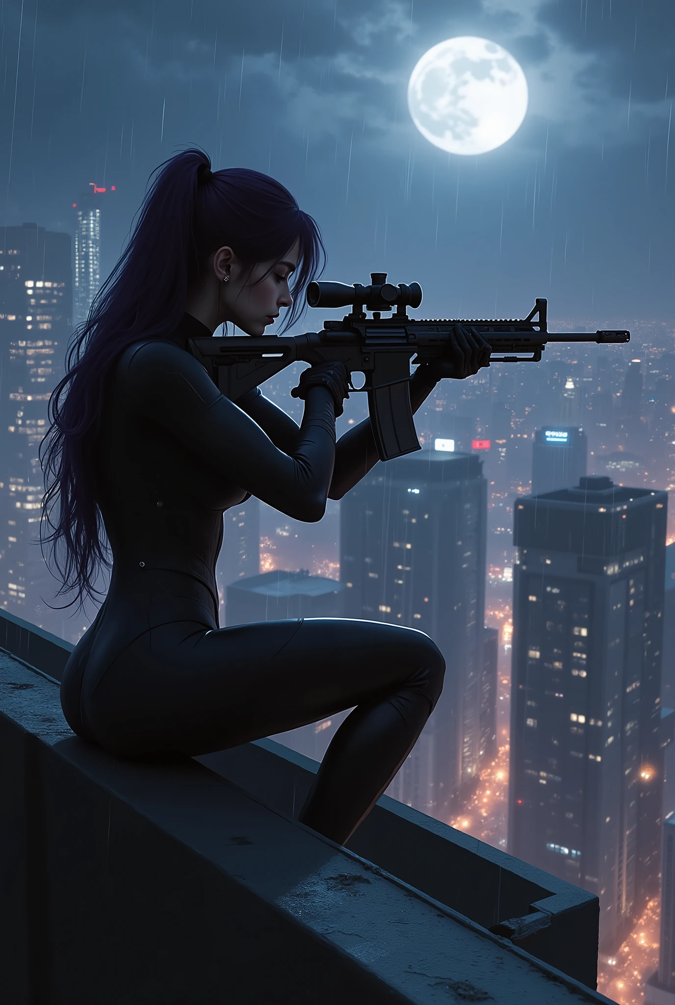 Female Sniper Android Assassin, Midnight 、Extremely tight and body-perfect tactical gear that targets quietly from high-rise buildings, (Highest Quality,4K,8k,high resolution,masterpiece:1.2),super detailed,(realistic,photorealistic,photo-realistic:1.37),dramatic lighting, gloomy atmosphere, Dramatic Poses, scoped rifle, extremely tight matte black cyberpunk suit, Night Vision, Gloved hands, Dark Rooftop , cityscape, towering skyscrapers shining in the city lights, Moonlit Sky, rain, Dramatic Shadow,beautiful style,thin waist,dark purple long hair,scope sitting at the corner of the building and snipe,Building corner