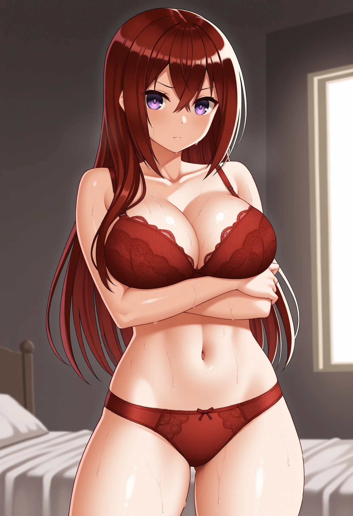kurisu makise, hair between eyes, hair over shoulder, long hair, purple eyes, red hair, straight hair, red lace bra, red lace panties, shiny body, shiny hair, clear skin, clear body, sweat, sweaty, sweaty:1.3, thick thigh, thick thighs, large breasts, looking at viewer, posing, pose, breast lift, bedroom,