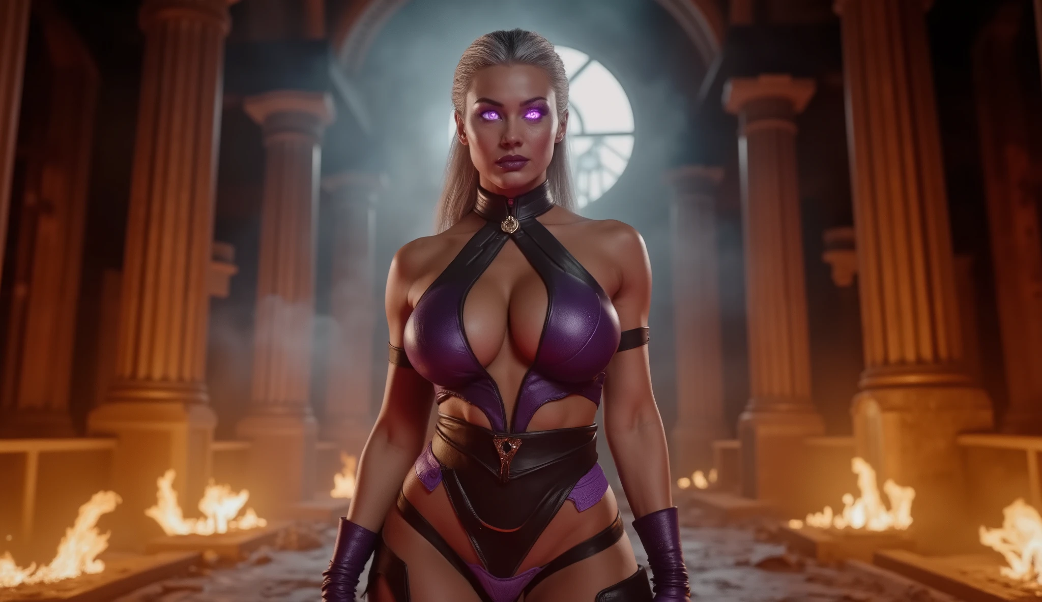 A powerful wide shot of Sindel (mortal kombat) stepping forward through the fiery temple, She has gray hair , Sidel Hair , long pulled back hair , elegant , flawless face , perfect skin, toned body, athletic body, muscular. She wears dark purple and black leather bikini bodysuit, purple lipstick and purple eyeshadow, matching the outfit’s theme, She has Big breasts exposed. Her glowing purple eyes shine through the smoke, and her armored bodysuit glistens under the firelight. The gothic arches loom tall in the background, a dark, ancient stone temple with flames flickering at the edges, creating a cinematic, Super Panavision 70 retro-film look.