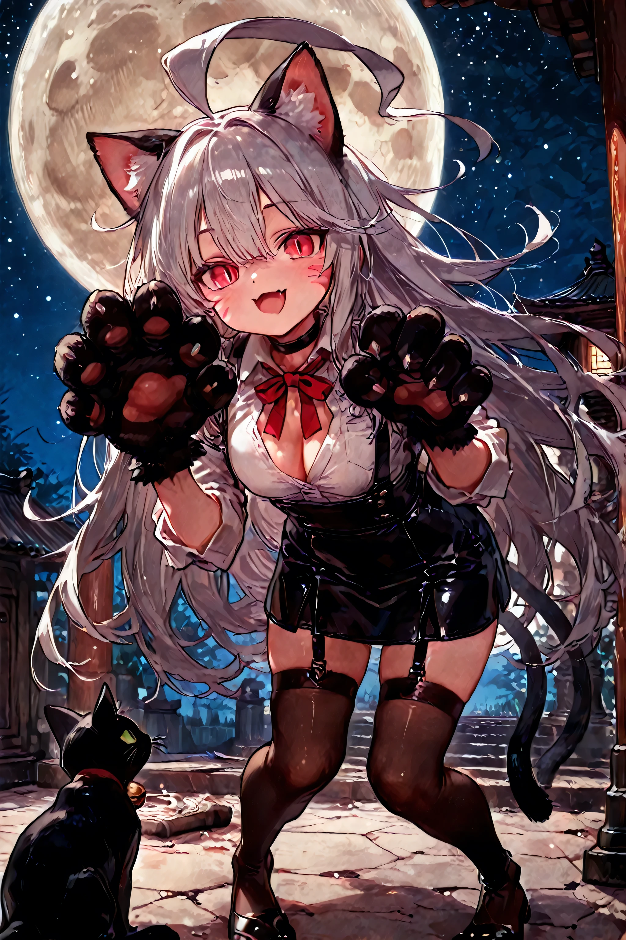 handfixer,masterpiece,Felicia,(black cat's ears girl:1.5),(large black cat's Paws girl:1.5),(black-cat hands girl:1.5),(((twin black-cat's tails girl))),Super Long Silver Hair,(20yo girl),beautiful anime woman,petite woman,realistic anime style at pixiv,long bangs,bangs between eyes,huge ahoge,messy hair,Scarlet eyes,(tsurime:1.3),(slit pupils:1.4),sharp eyes, slanted eyes,(red eyeliner:1.3),((large breast)),(whisker markings:1.5),Black choker with Gold cat bell,black-suspenders,(Black leather Tight micro mini skirt:1.2), (white dress shirt),(sleeves rolled up),berry open collar,cleavage,Garterbelt with ribbon, dark brown garterstockings with ribbon,　/【表情・動作】/((Tiptoeing)),Bending knees and lowering hips,((reaching towards viewer)),((outstretched hands)),laugh,fang,head tilt,looking at viewer, /【背景設定】/ abandoned Japanese temple,At dusk,(starry background:1.4),(((huge moon))),moonlight,((backlighting)),/【カメラ設定】】/ full body,(from above:1.3),