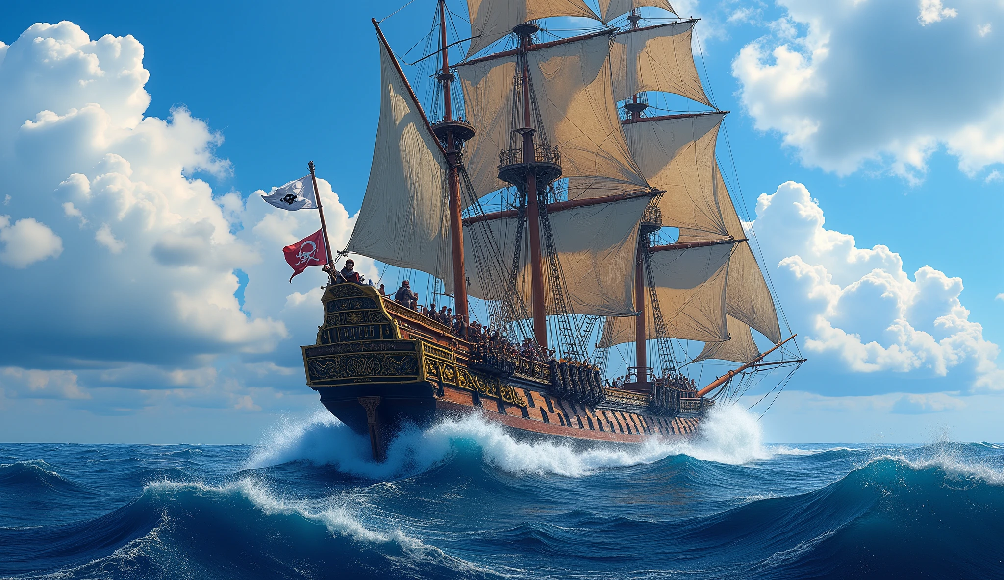 detailled pirate warship sail, ocean