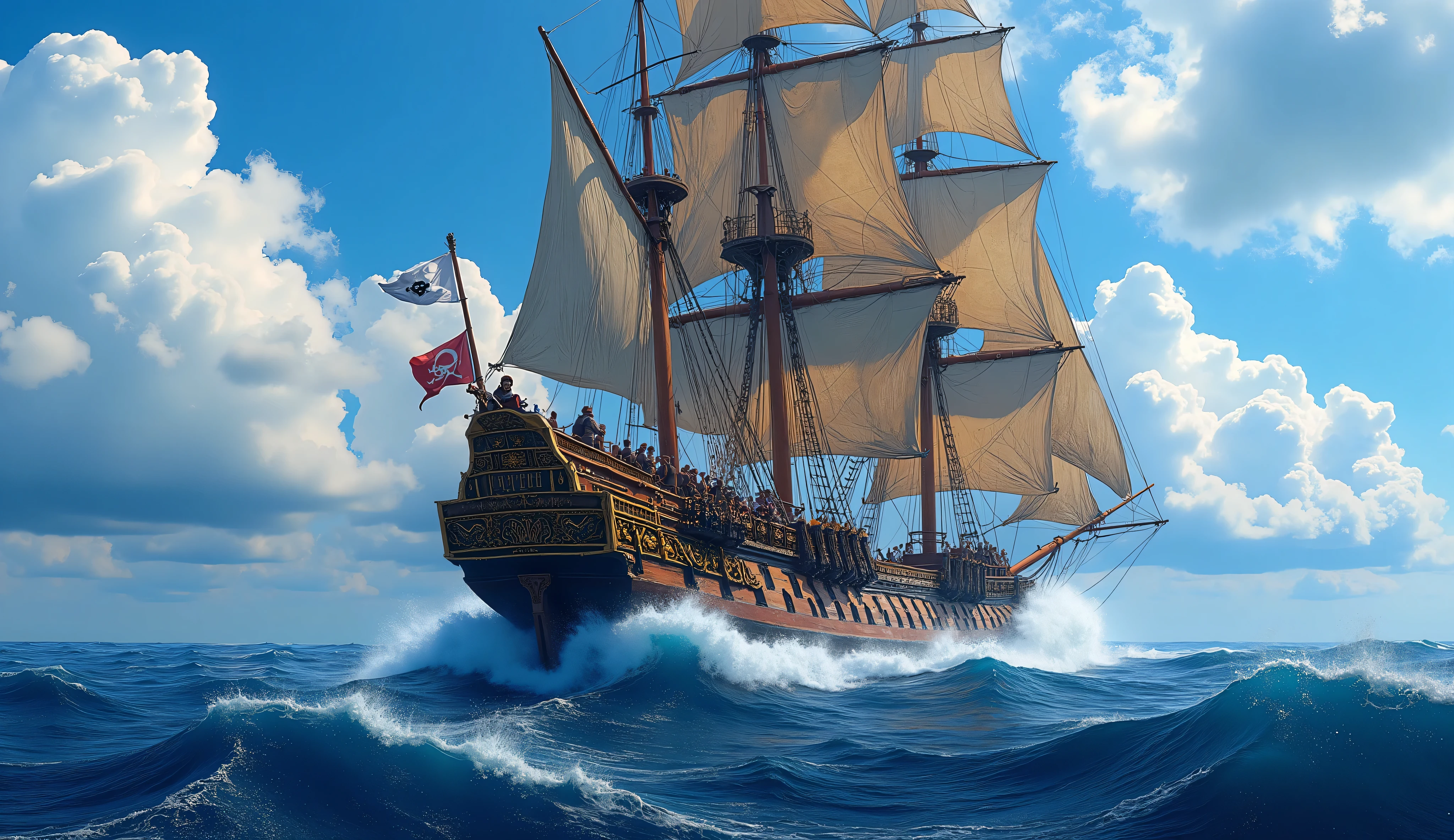 detailled pirate warship sail, ocean