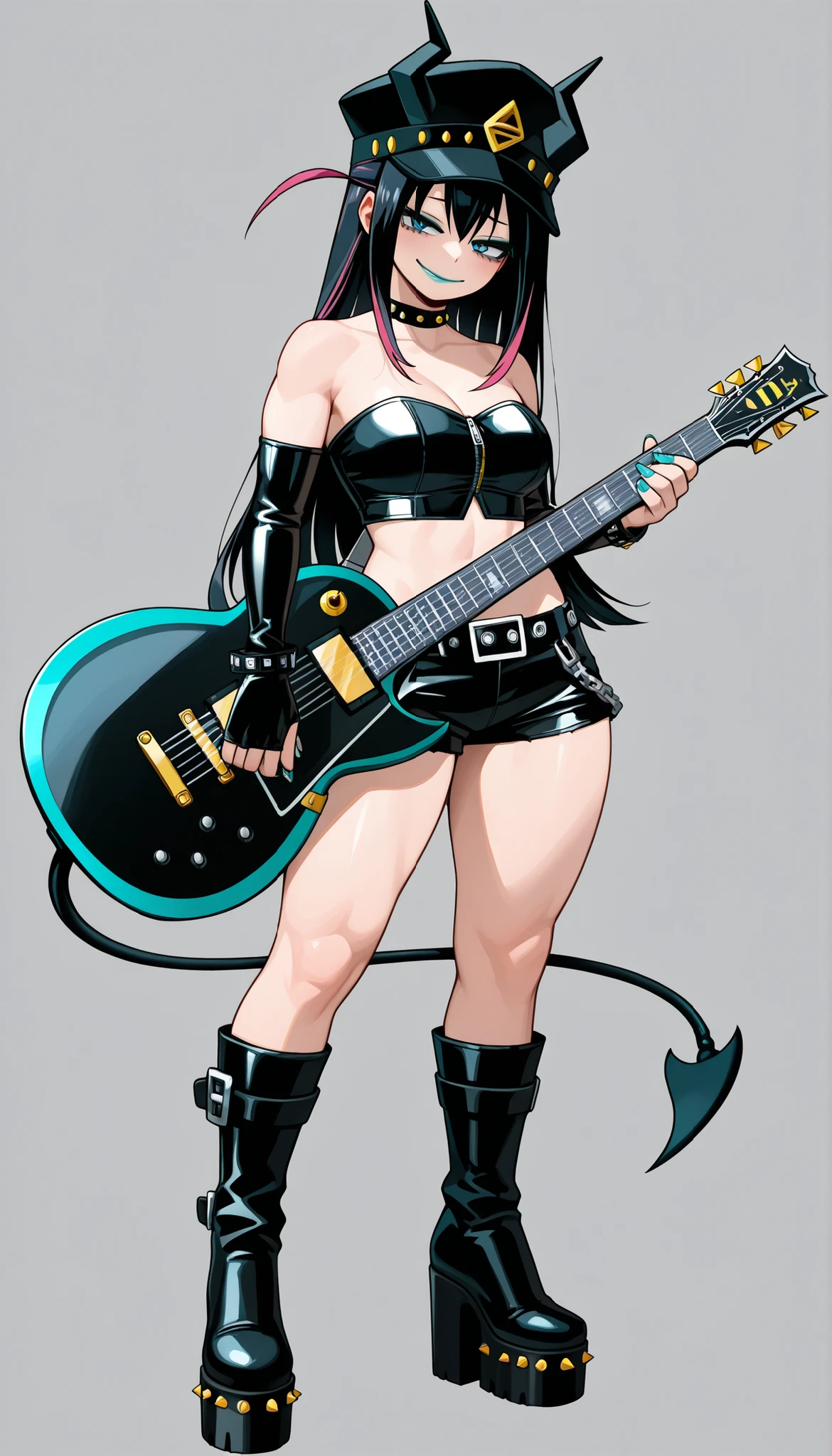 ((Highest Quality)), ((Simple Light Grey background)), (My Hero Academia Style), 1female, female, Medium , thighs, , thick shins, solo, Athletic body, tall, standing, (Full Body), black leather spiky Studded top tube, strapless top, leather top belt, black top belt, black short shorts, black leather short shorts, black Thigh-high leather boots, spiky studded platform high-heel boots, black spiky studded leather bracelets, spiky studded leather choker, black spiky studded leather military hat Headwear on, blue eyes, two-toned hair, Magenta hair, black hair, long hair, straight hair, black hair tips, turquoise electric guitar, holding electric guitar, (axe shaped electric guitar), cross stigma star details, cross stigma star, leather Elbow-length bridal gloves, turquoise nail polish, turquoise lipstick, turquoise eyeshadow, tiny horns over hat, short horns hat, black demon tail, long Demon tail, smirk, mischievous smirk, mischievous look, half-closed eyes, long eyelashes, black eyelashes, midriff,  shoulders, demon girl, Hitori Gotoh,