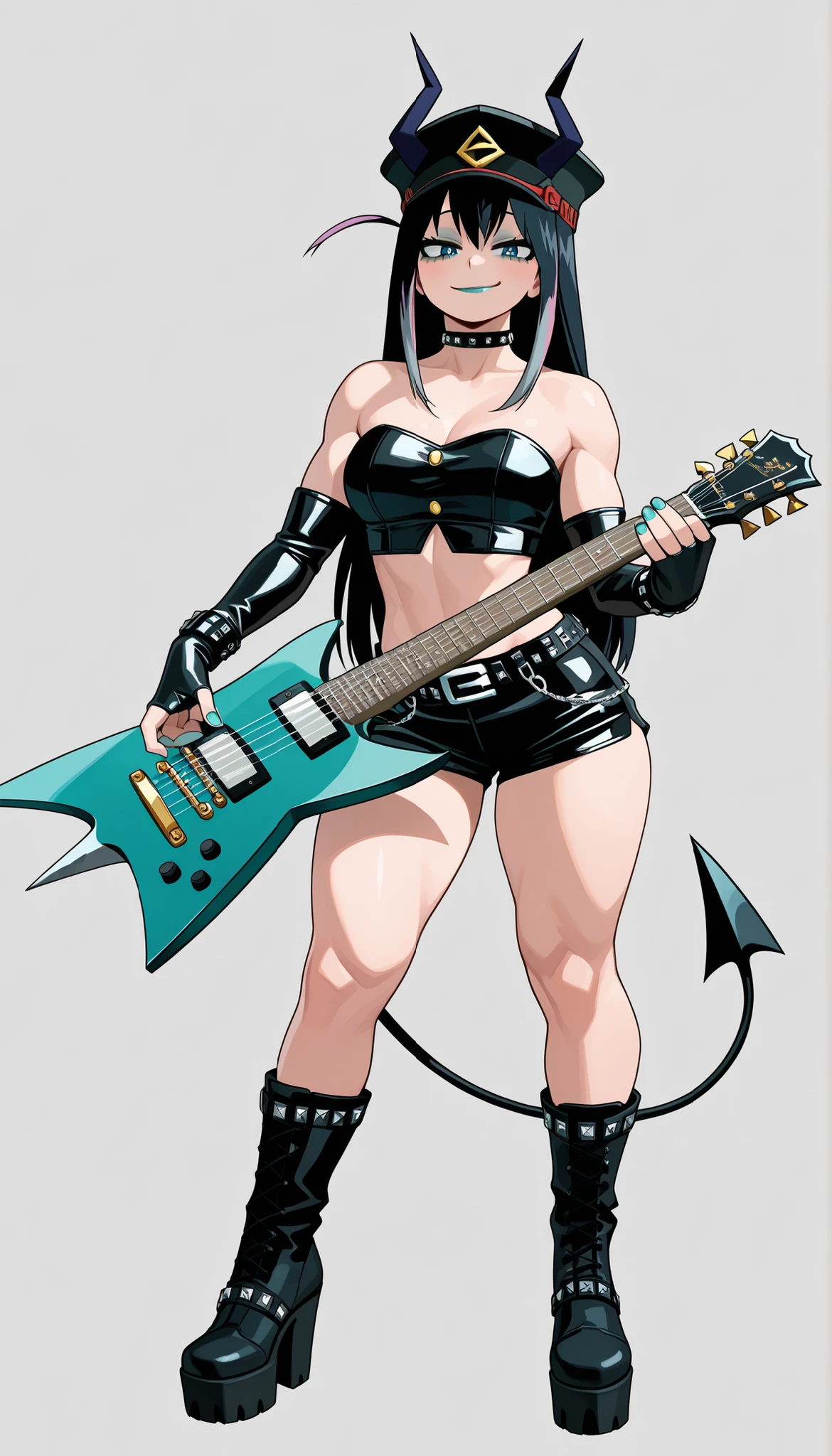 ((Highest Quality)), ((Simple Light Grey background)), (My Hero Academia Style), 1female, female, Medium , thighs, , thick shins, solo, Athletic body, tall, standing, (Full Body), black leather spiky Studded top tube, strapless top, leather top belt, black top belt, black short shorts, black leather short shorts, black Thigh-high leather boots, spiky studded platform high-heel boots, black spiky studded leather bracelets, spiky studded leather choker, black spiky studded leather military hat Headwear on, blue eyes, two-toned hair, Magenta hair, black hair, long hair, straight hair, black hair tips, turquoise electric guitar, holding electric guitar, (axe shaped electric guitar), cross stigma star details, cross stigma star, leather Elbow-length bridal gloves, turquoise nail polish, turquoise lipstick, turquoise eyeshadow, tiny horns over hat, short horns hat, black demon tail, long Demon tail, smirk, mischievous smirk, mischievous look, half-closed eyes, long eyelashes, black eyelashes, midriff,  shoulders, demon girl, Hitori Gotoh,