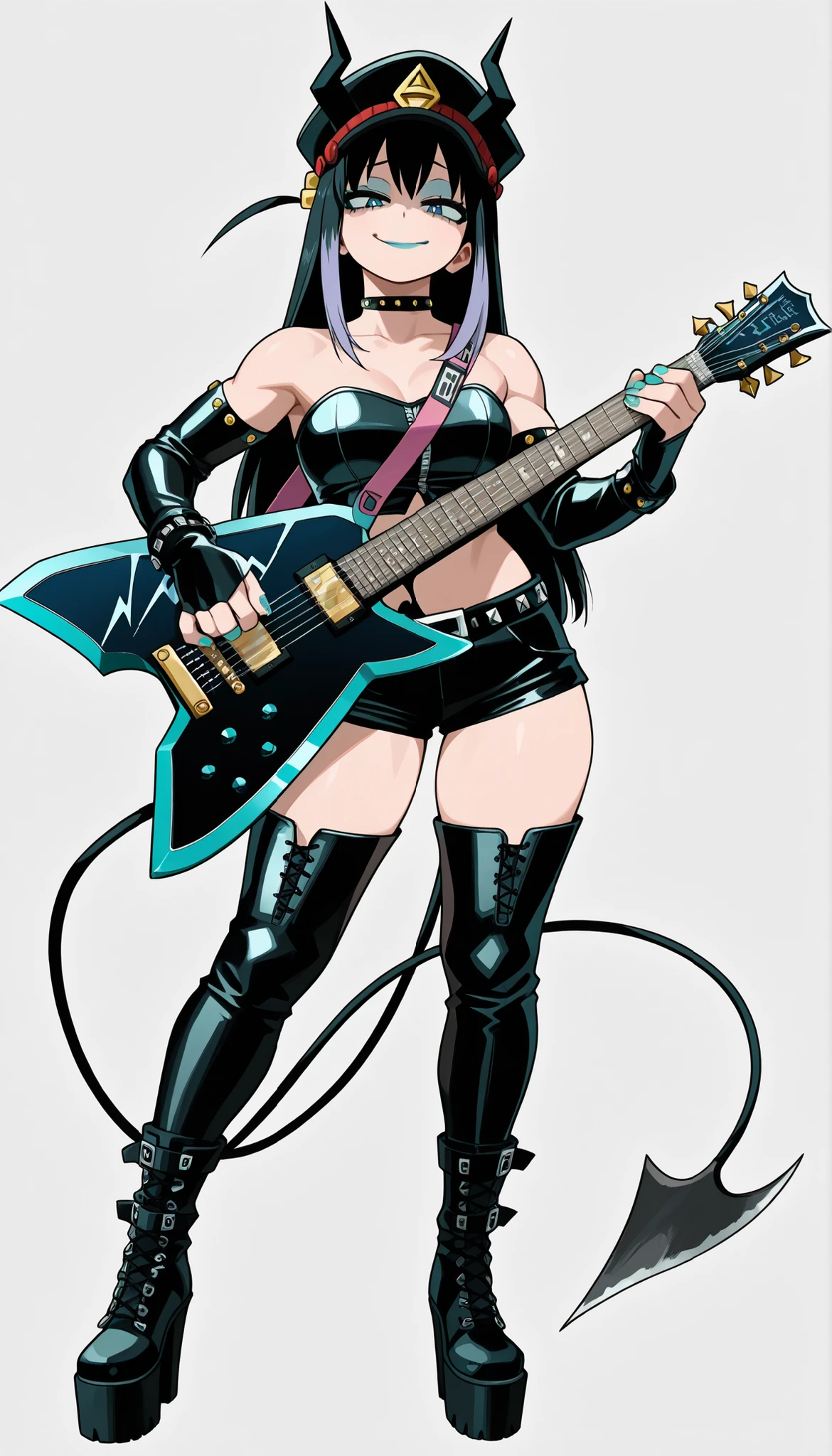 ((Highest Quality)), ((Simple Light Grey background)), (My Hero Academia Style), 1female, female, Medium , thighs, , thick shins, solo, Athletic body, tall, standing, (Full Body), black leather spiky Studded top tube, strapless top, leather top belt, black top belt, black short shorts, black leather short shorts, black Thigh-high leather boots, spiky studded platform high-heel boots, black spiky studded leather bracelets, spiky studded leather choker, black spiky studded leather military hat Headwear on, blue eyes, two-toned hair, Magenta hair, black hair, long hair, straight hair, black hair tips, turquoise electric guitar, holding electric guitar, ((axe shaped electric guitar)), cross stigma star details, cross stigma star, leather Elbow-length bridal gloves, turquoise nail polish, turquoise lipstick, turquoise eyeshadow, tiny horns over hat, short horns hat, black demon tail, long Demon tail, smirk, mischievous smirk, mischievous look, half-closed eyes, long eyelashes, black eyelashes, midriff,  shoulders, demon girl, ((Hitori Gotoh)), rock girl,