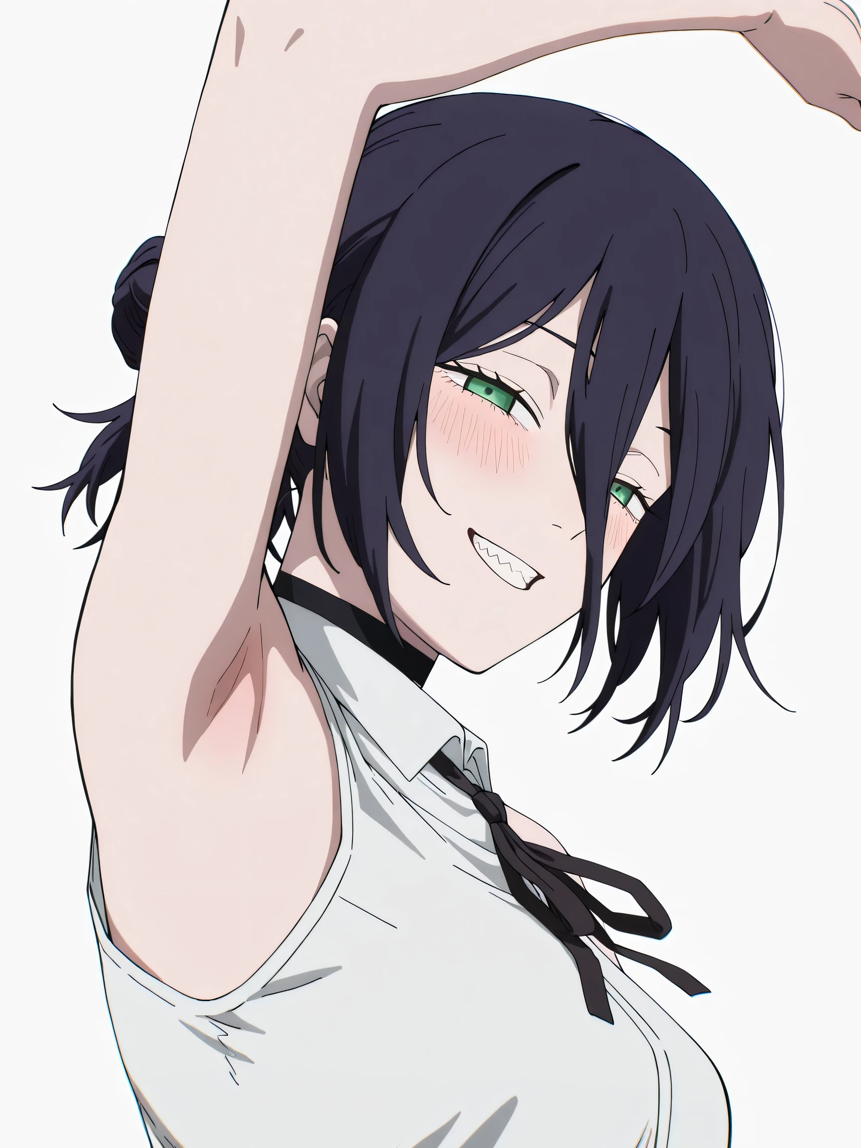 masterpiece, best quality, amazing quality, anime screencap, anime coloring, 1girl, solo, reze \(chainsaw man\), reze, green eyes, hair between eyes, hair bun, black choker, black ribbon, white sleeveless shirt, collared shirt, arm up, raised arm, armpit, armpit focus, head towards viewer, looking at viewer, smile, teeth, blush, half-closed eyes, white background, simple background, from side, from above