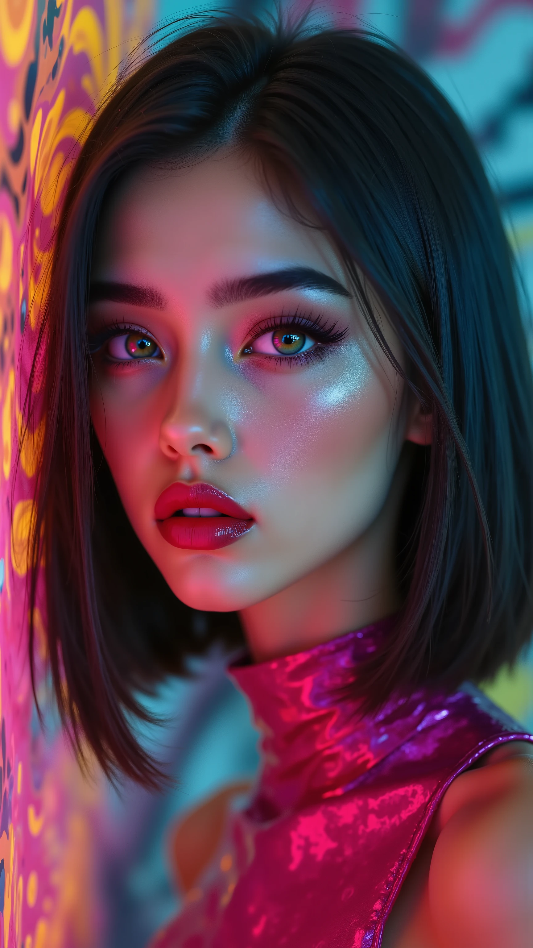  Ultra-realistic (photorealistic Realism), (intricately detailed digital art), (Key Directive: - ("The priority is the anatomical accuracy and texture of the materials" - "Ultra-sharp human eyes with biological accuracy") (ultra realistic texture details: velvety skin, hair), (dark hair (short hair:1.29)((slicked to one side)), intricately detailed:1.3), {"long Lashes: individual synthetic fibers (crosshatched roots:1 . 2 , clump-free separation)" - "(Carefully draw Long mascara:1.22)" [perfect blue eyeshadow:1.2][glossy red lipstick:1.3], professional Magic Makeup on eyes:1.3, perfect composition}. ((no blurr eyes, Realistic green eyes:1.4), intricately detailed:1.35) "ultra details Eyes: (acid-resistant terminology) (macro-details:1 . 5): * Moist corneal surface (visible aqueous layer:1 . 2) * [Ultra-detailed iris stroma ((green) with gold flecks)] * Precise limbal ring (slightly red pigmentation:1 . 33) * Pupil micro-texture (irregular edge authenticity:0 . 9) * Vasculature in sclera (subtle red veins radiating from limbus:1.13)" Technical Specs: (Optics: - "Zeiss Otus85mm f/1 . 4 lens (eye refraction calculations:1 . 2)" - "Shutter Speed:1/500 (freeze eye micro-movements)" - "Focus Stacking:7-point coverage on iris plane") Post-Processing: - "Frequency separation for skin vs eye details" - "Selective sharpening: eyes170% , hair150%" - "Denoise: luminance20 , color35 (retain corneal speculars)" (Avoid: "pupil distortion , uncanny valley asymmetry , plastic-like wetness"). (skinny body build),(perfect hot model body:1.4), (body shot to knees:1.4)、no blur sharp focus on all body, {"psychedelic background,voronoi backround"}.