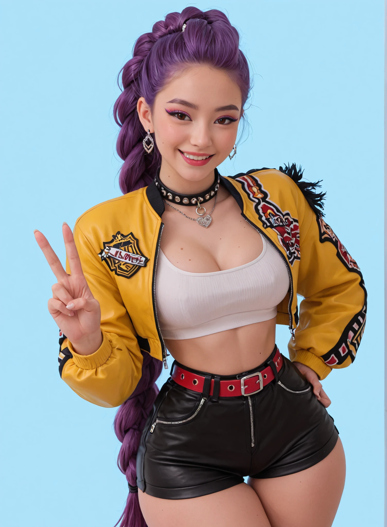 1girl, masterpiece, detailed eyes, high quality, best quality, highres, cute, pale skin, luminous skin, long hair, brown eyes, vibrant purple hair, braided hair, cropped jacket, shorts, midriff, red belt, white crop top, jewelry, e-girl, collar, curvy, , v pose, smile, smirking, makeup, eyeshadow, blushed, asian, korean, kpop idol