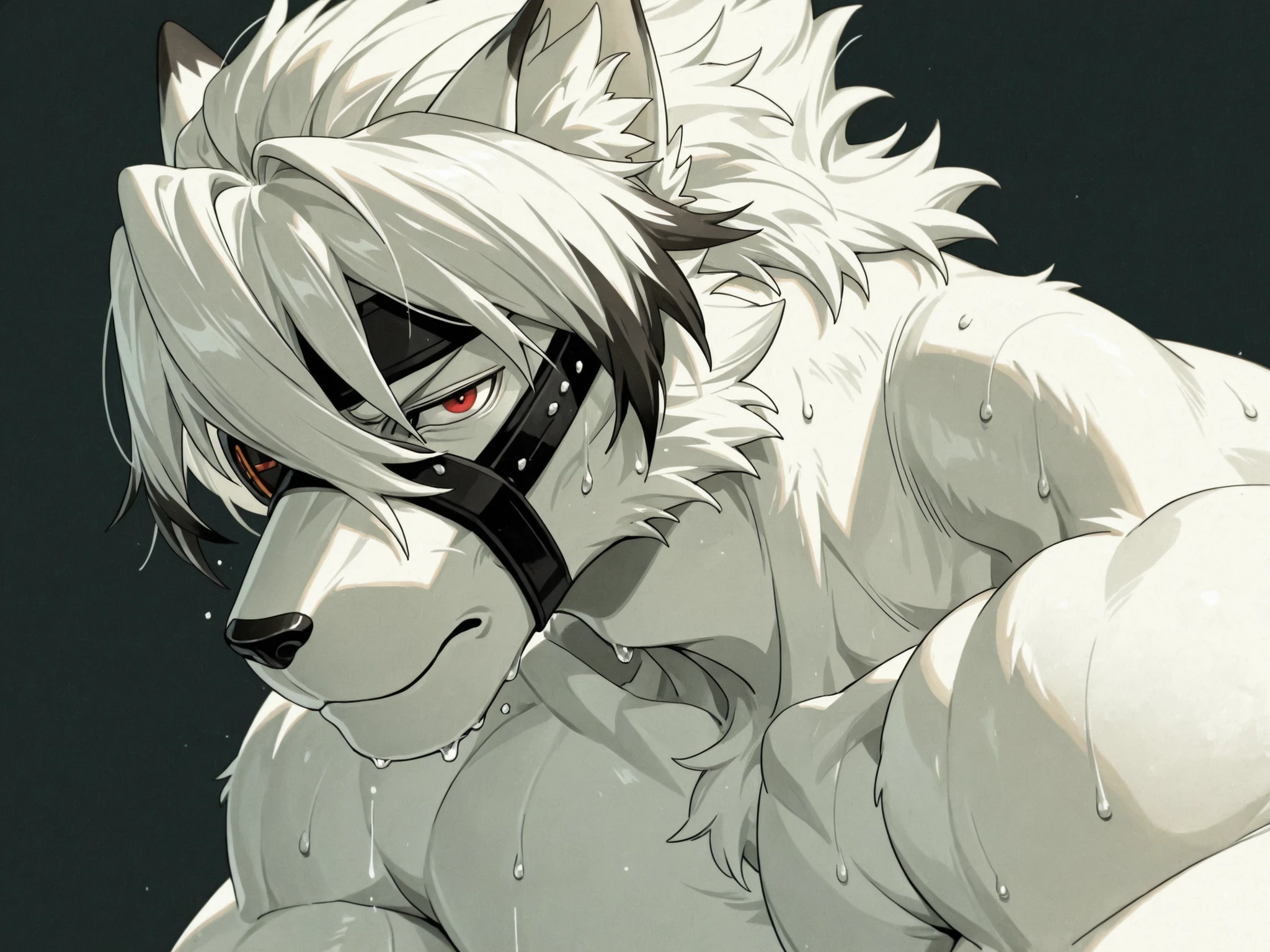 VonLycaonZZZ, score_9_up,score_8_up,score_7_up,score_6_up,score_5_up,score_4_up BREAK, upper body, solo BREAK 1boy,
kemono, bara, furry, male, Lycaon,
animal ears, huge (muscular), ripped, tall, slim, male, white fur, (white) body, red eye, white hair,
black eye patch, topless,
(Kind) smile, gentle, noetic, kind, innocent, happy,
((sweat dripping)), (sweat), musky,
looking at viewer,
simple background,