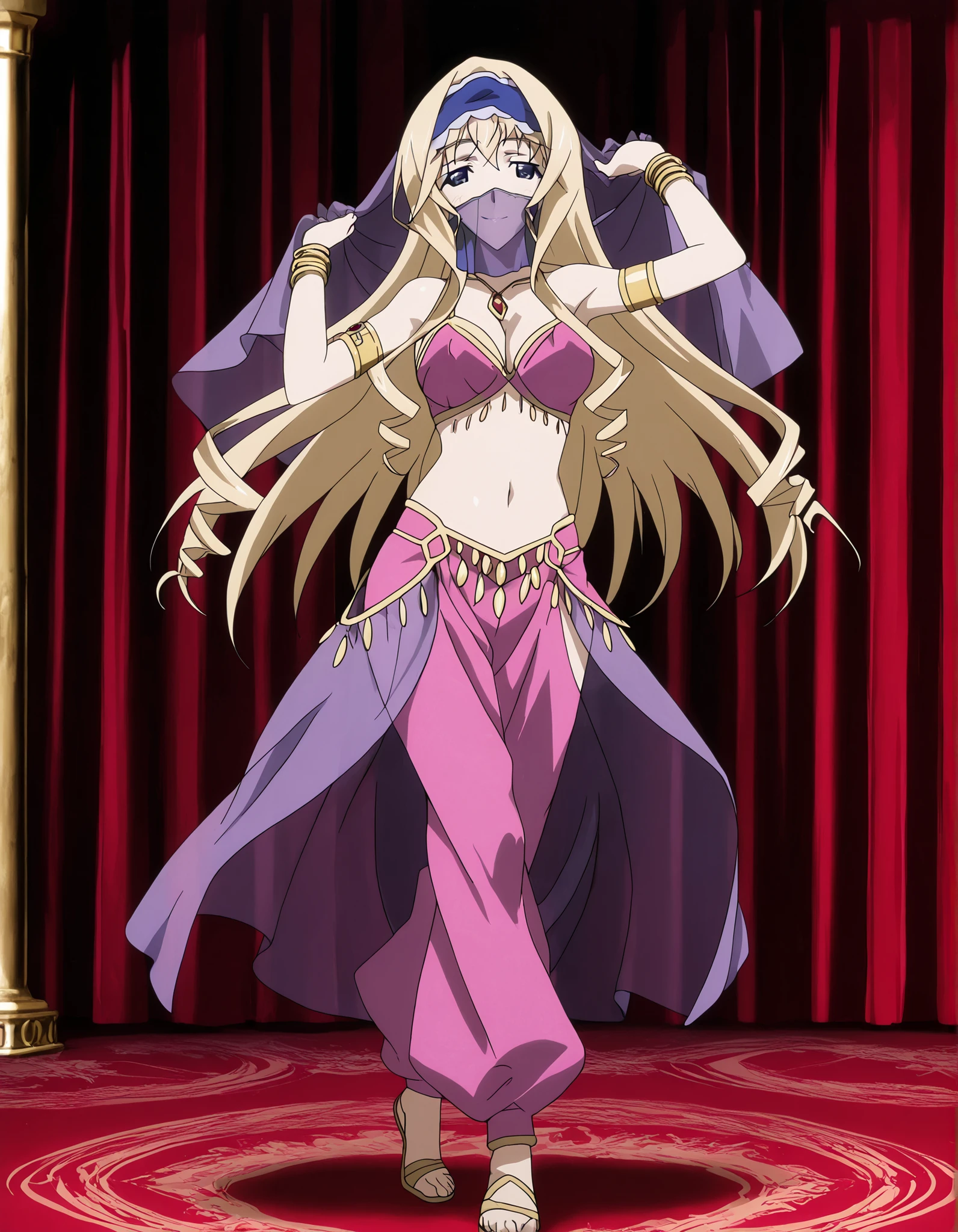 (1girl:1 . 5) , (Seul:1 . 5) , score_9 , score_8_haut , score_7_haut , source_anime , Official work  , ultra-detailed , masterpiece , better quality , high resolution , beaux yeux , detailed eyes , Detailed face , beautiful detailed eyes ,Infinite Stratos,Cecilia Alcott,Arabian Clothes , Arabian Dancer ,belly dancer costume,belly dancer outfit ,full body,golden jewelery,mouth veil,armlet, belly dancing,arabian theater,seductive smile, dancing with veil, dynamic movement,dance posture,  pose